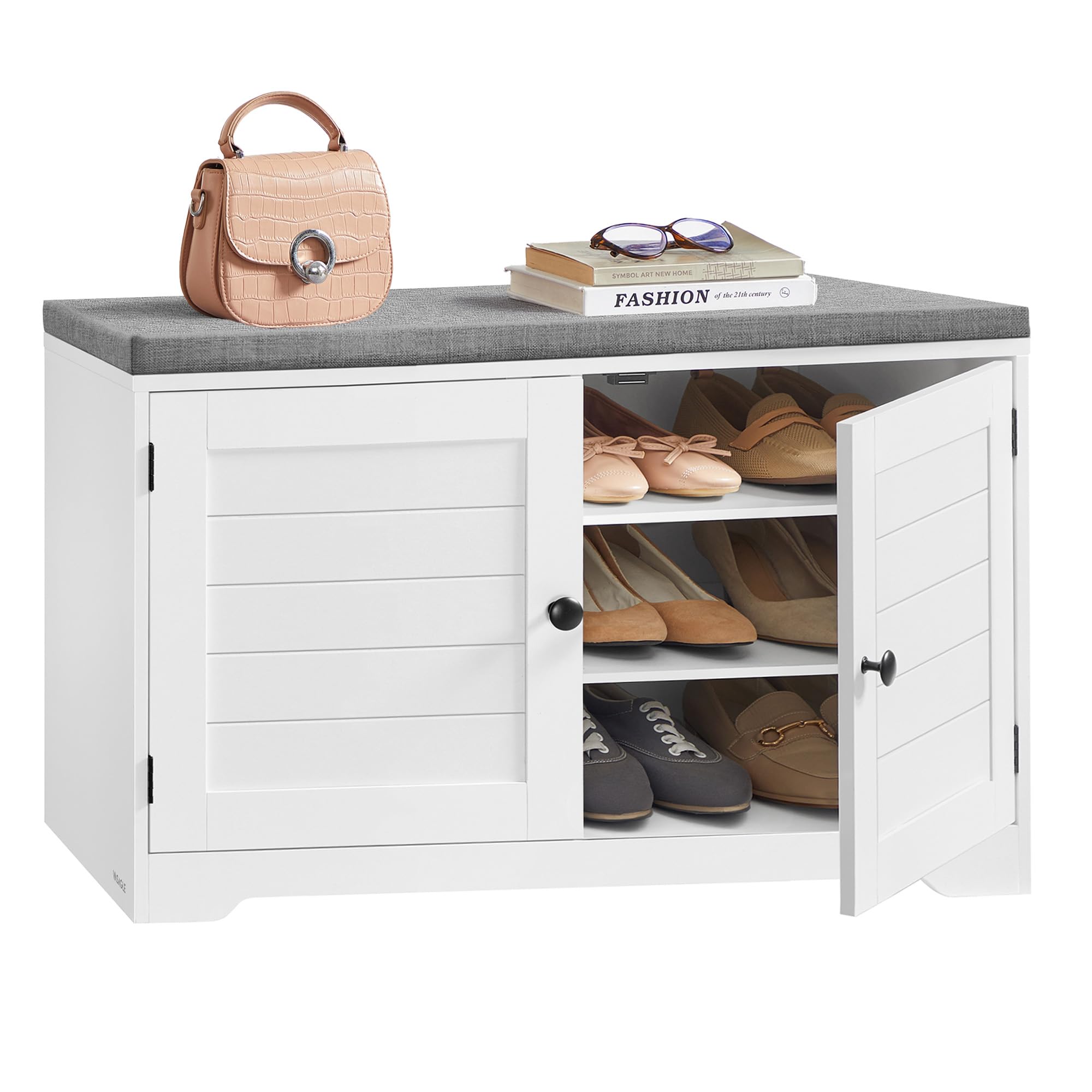 VASAGLE Shoe Storage Bench with Cushion, 3-Tier Entryway Bench with Padded Seat, Doors, Adjustable Shelves, 14 x 39.8 x 20.7 Inches, for Hallway, Bedroom, Cloud White and Dove Gray ULSB044W01
