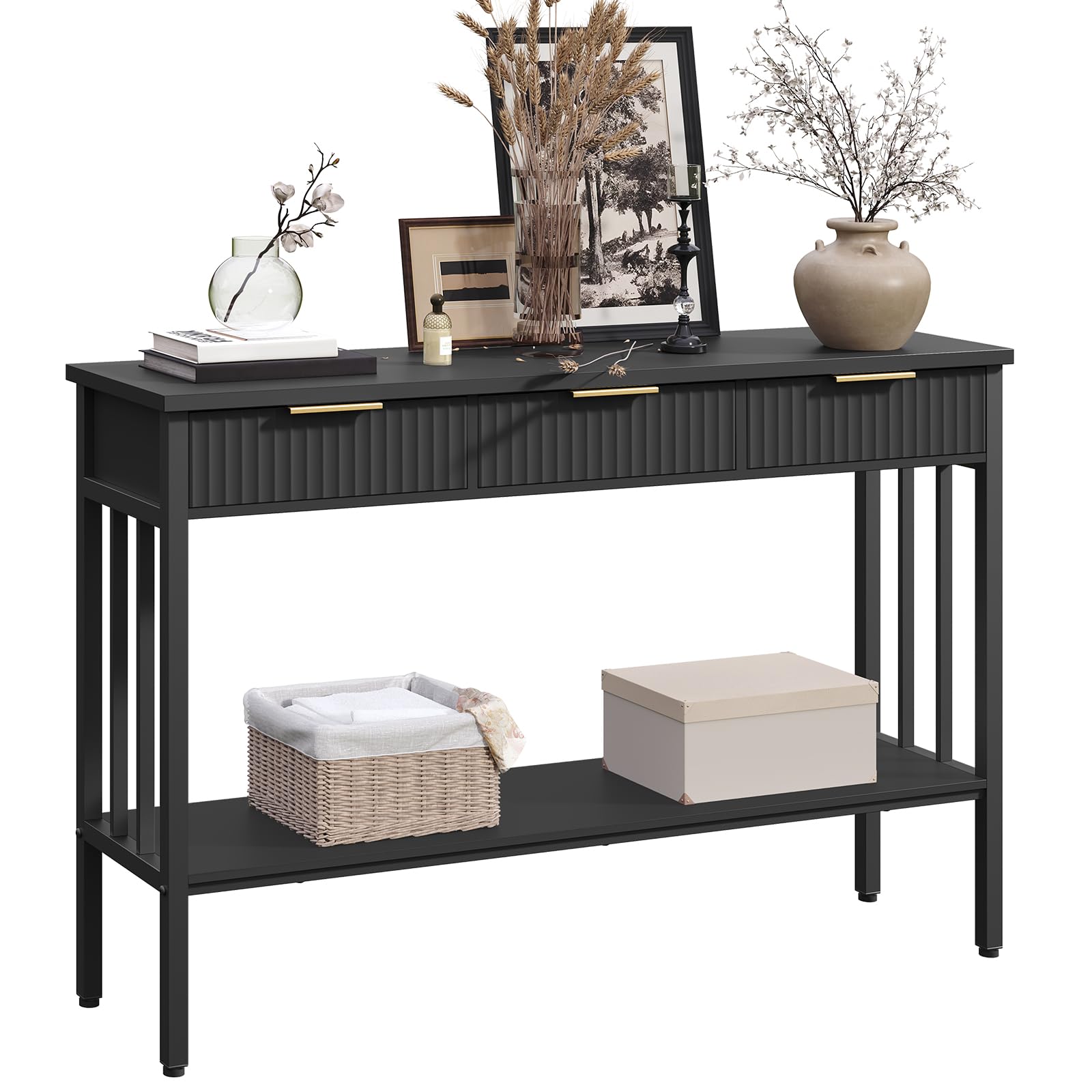 MAHANCRIS Console Table, Narrow Long Entry Table with Storage Shelf, 2-Tier Fluted Entryway Table with 2 Drawers, for Entryway, Living Room, Foyer, Hallway, Office, Black CTHB5101