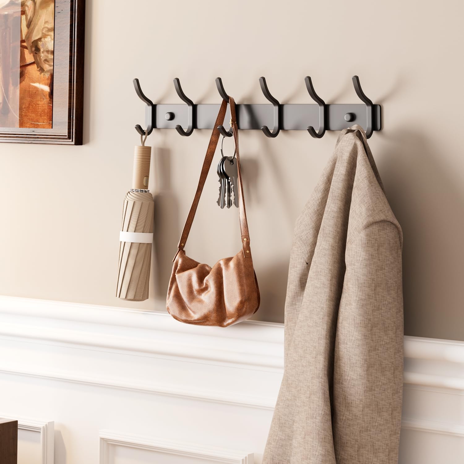 GWAAZXGZ Black Coat Rack Wall Mount - 15 Inch Arc Shaped Design with 6 Hooks for Hanging Coats, Bags, and Towels in Entryway, Livingroom, Bedroom, Bathroom, and Kitchen, 1 Pack