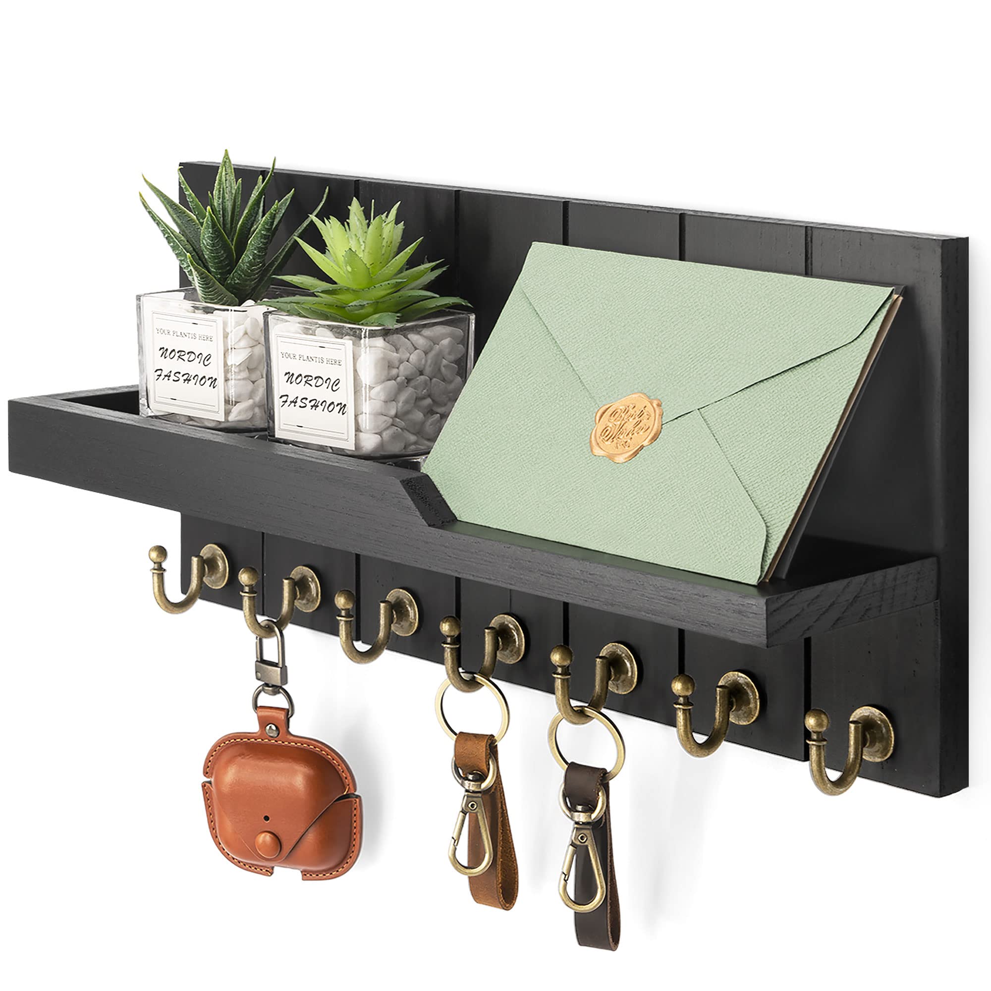 Rebee Vision Decorative Key Holder Wall Mount - Rustic Key Holder for Wall with Shelf and Mail Organizer for Living Room Decor - Home Essentials for Home Improvement (Brown, 3.54" x 10" x 7.28")