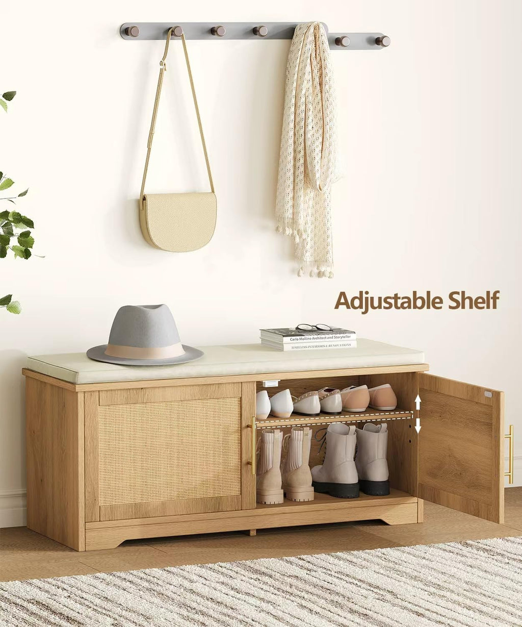 Rattan Shoe Storage Bench with Cushion, 39.4" Wide Entryway Bench with Adjustable Shelf, Hidden Shoe Organizer Cabinet, for Hallway, Living Room, Bedroom, Natural Oak