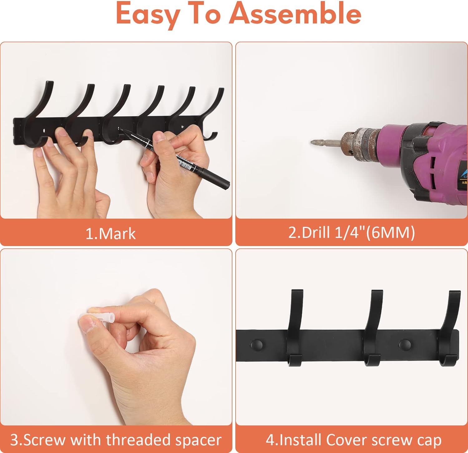 Optish Coat Rack Wall Mount, Wall Hooks for Hanging, Entry Coat Hooks Coat Hanger, Hat Rack Holder for Wall, Key Holder Purse Racks, Towel Rack for Bathrooms (2 Pack, Black)