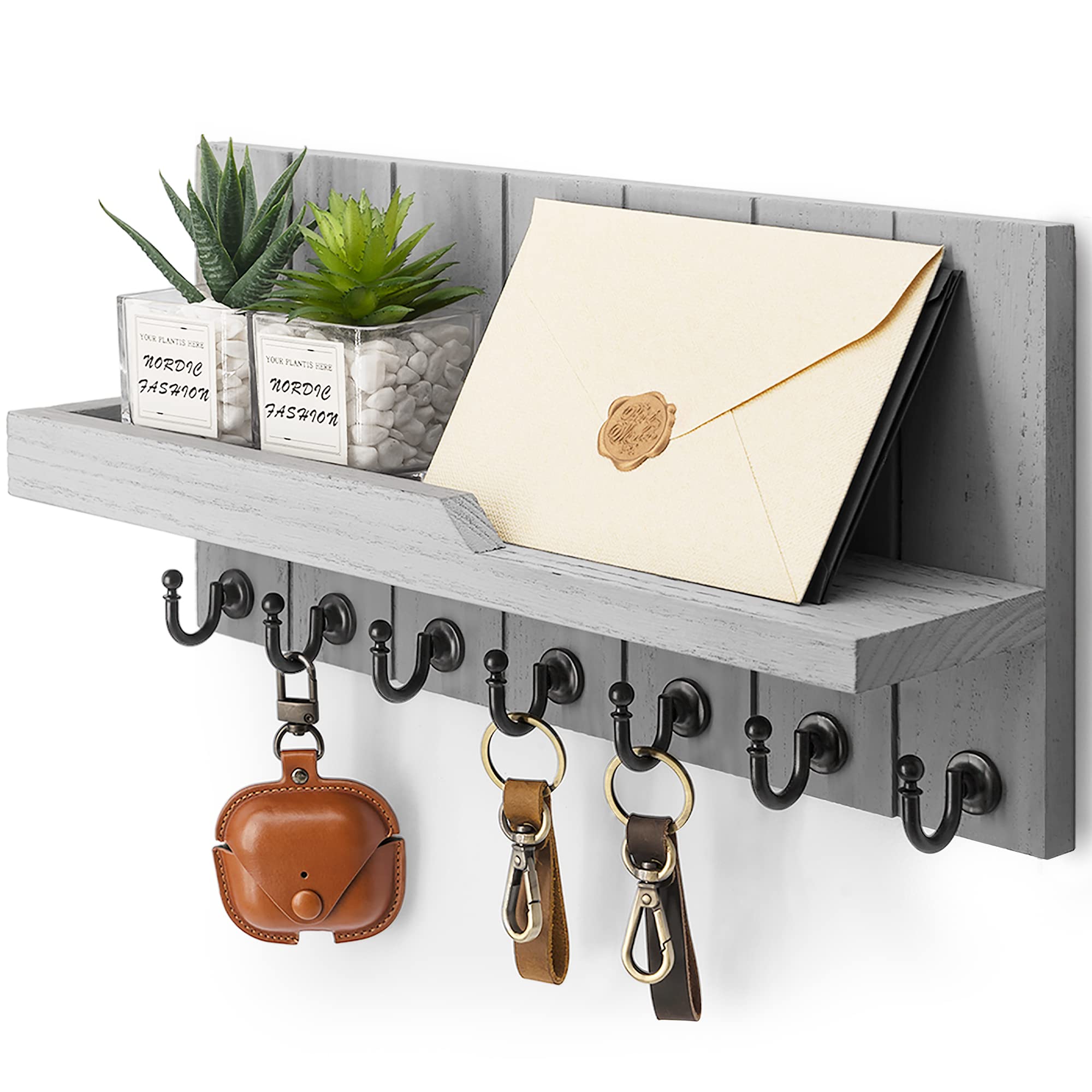 Rebee Vision Decorative Key Holder Wall Mount - Rustic Key Holder for Wall with Shelf and Mail Organizer for Living Room Decor - Home Essentials for Home Improvement (Brown, 3.54" x 10" x 7.28")