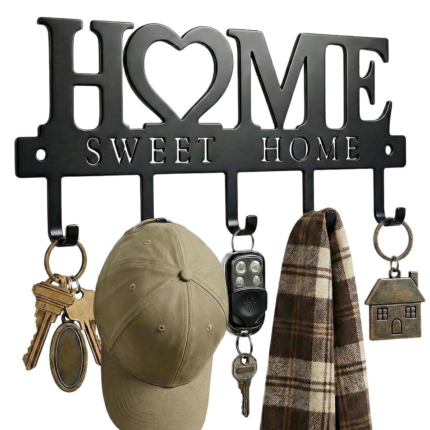 WIPHANY Entryway Wall Key Holder with 5 Hooks, Metal Key Rack Wall Mount for Keys, Bags and Leashes, Decorative Organizer for Entryway, Mudroom or Hallway, Sweet Home Design, 9.8 inches, Black