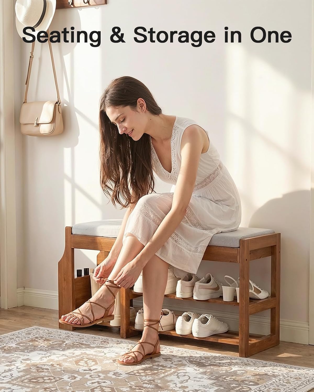 Pipishell 34″ Solid Pine Wood Shoe Rack Bench with Soft Cushion, 2 Tiers Shoe Storage Organizer with Lift-Top Storage and Side Holder, Holds up to 440 lbs, Shoe Bench for Entryway, Hallway, Bedroom