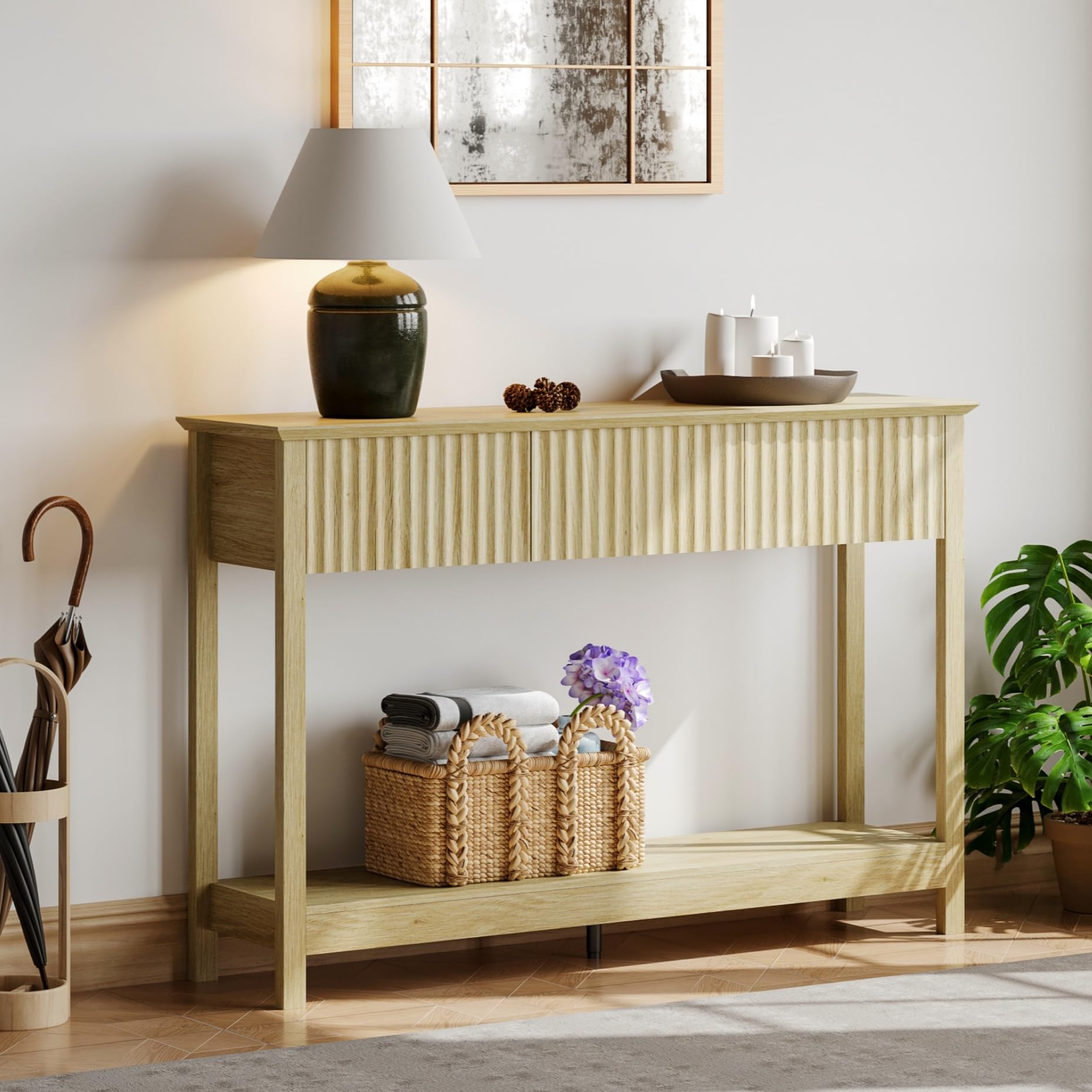 Treocho 47" Console Table with Drawers, Fluted Narrow Entryway Table with Open Shelf, Farmhouse Sofa Table Behind Couch for Hallway, Living Room, Brown