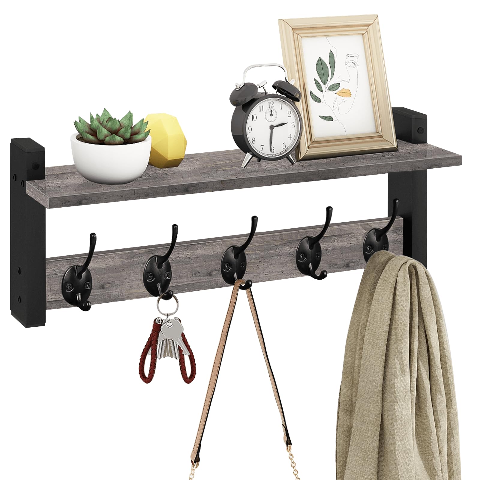 Homode Wall Hooks with Shelf, Wood Coat Rack with Shelf Wall-Mounted, Entryway Hanging Shelves with 5 Metal Hooks for Clothes Hats Towel Purse Robes, Bathroom Mudroom Bedroom, Rustic Brown Black
