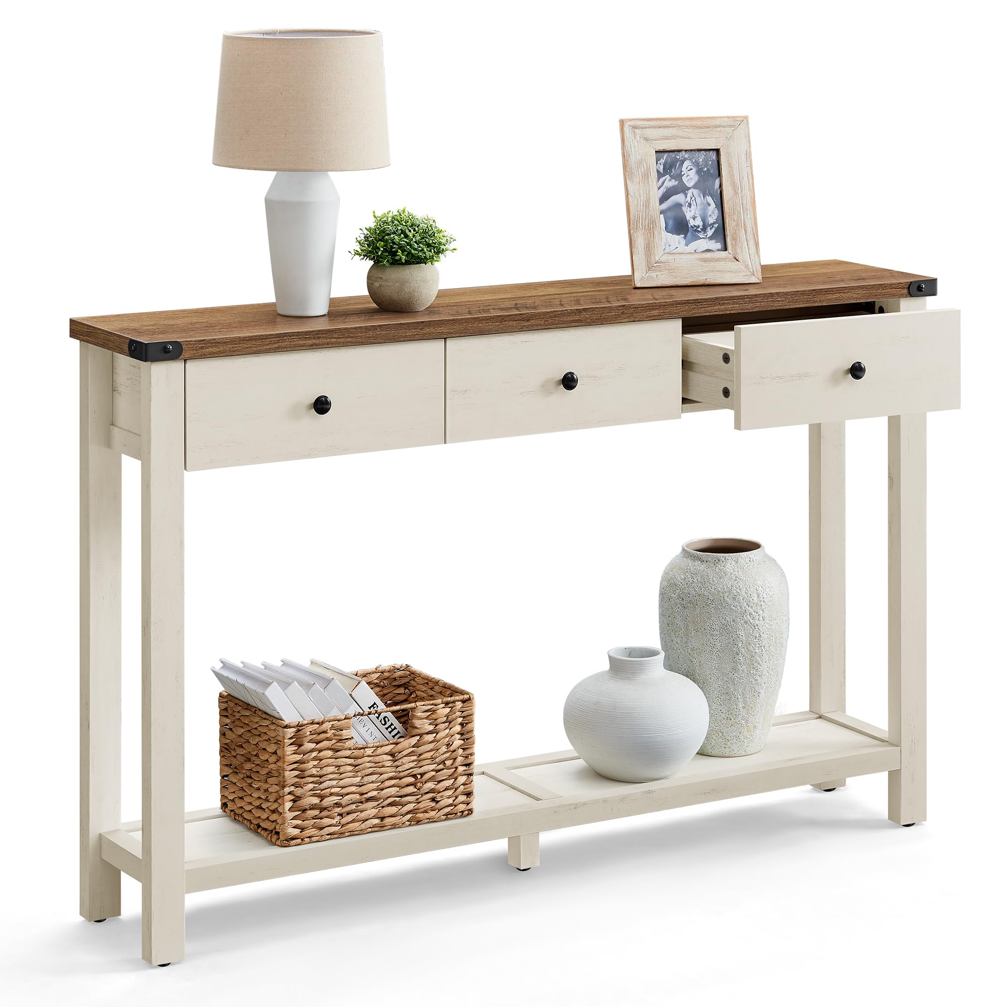 VASAGLE LIRY Collection - Console Table with 3 Drawers and Open Storage Shelf, Narrow Entryway Sofa Table for Living Room, Farmhouse Style, Metal Corners, Honey Brown ULNT142KB02S