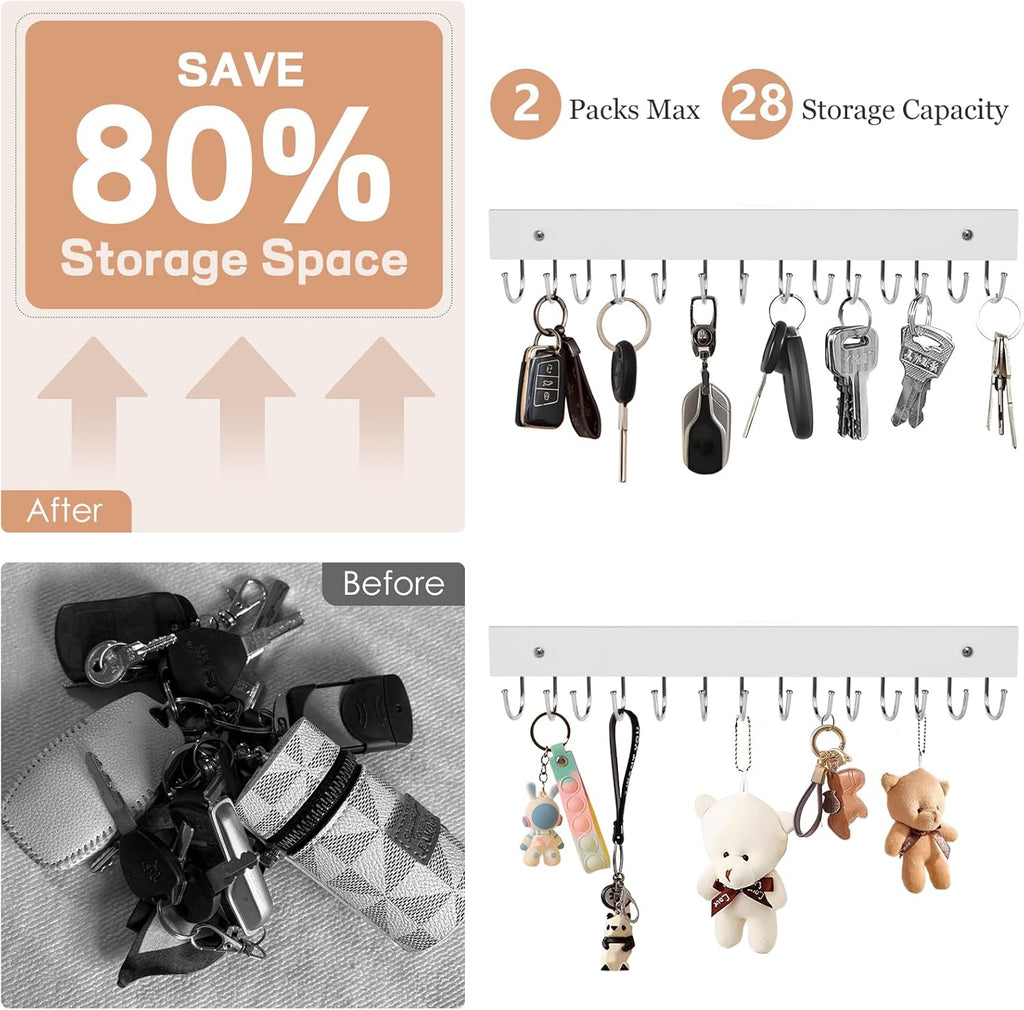 2Pack Key Holder Wall Mount with 28 Rotating 180° Key Hooks, 14.6" Rustproof Organizer Hanger for Apartment Decor, Wall Storage Rack for Entryway, Living Room, Hallway, Bathroom, Kitchen(White)