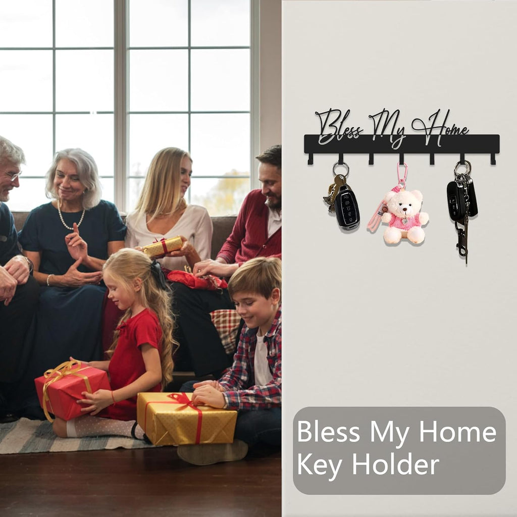 Exquisite Fashion Phrase Key Holder Wall Mount,Bless My Home Key Hooks for Wall Decoration,Black Metal Key Hanger with 7 Hooks for Entryway,Office,Living Room Decor