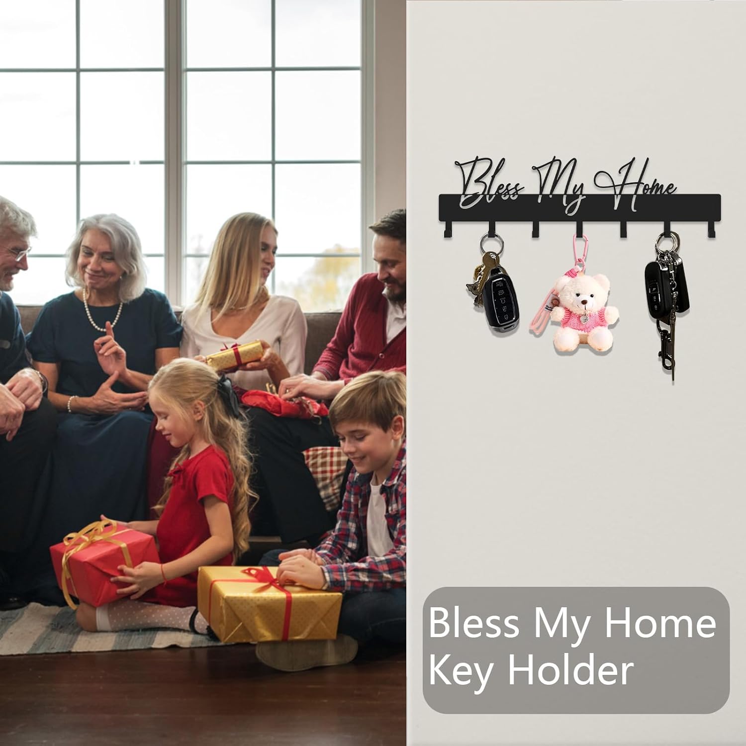 Exquisite Fashion Phrase Key Holder Wall Mount,Bless My Home Key Hooks for Wall Decoration,Black Metal Key Hanger with 7 Hooks for Entryway,Office,Living Room Decor