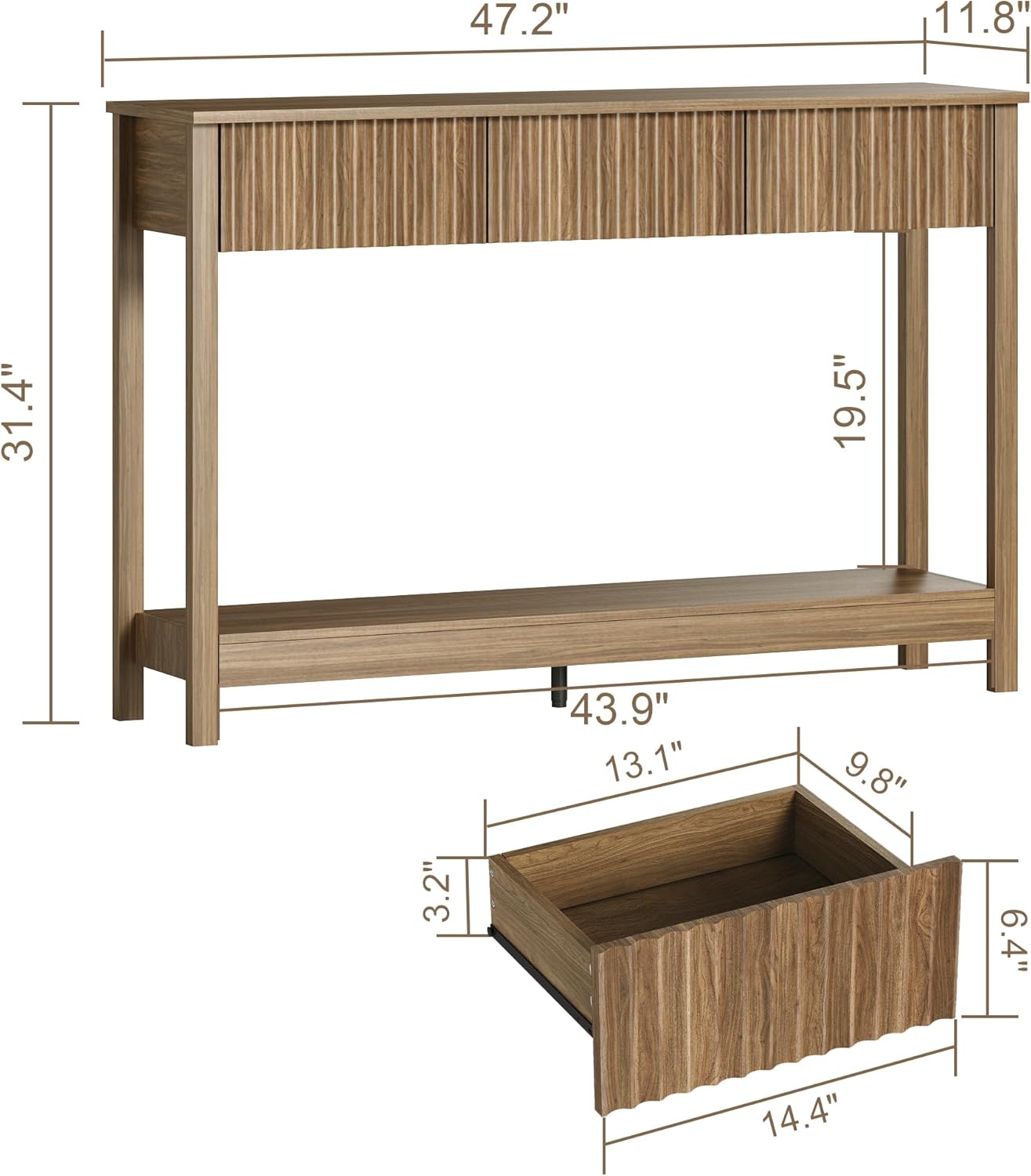 Treocho 47" Console Table with Drawers, Fluted Narrow Entryway Table with Open Shelf, Farmhouse Sofa Table Behind Couch for Hallway, Living Room, Brown