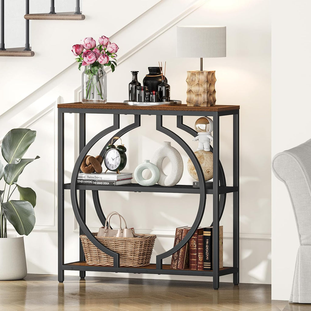 Snughome Entryway Table with 3 Tier Storage Shelves, Narrow Console Table Industrial Sofa Table with Circle Base, Behind The Couch Entrance Table for Hallway, Living Room, Foyer