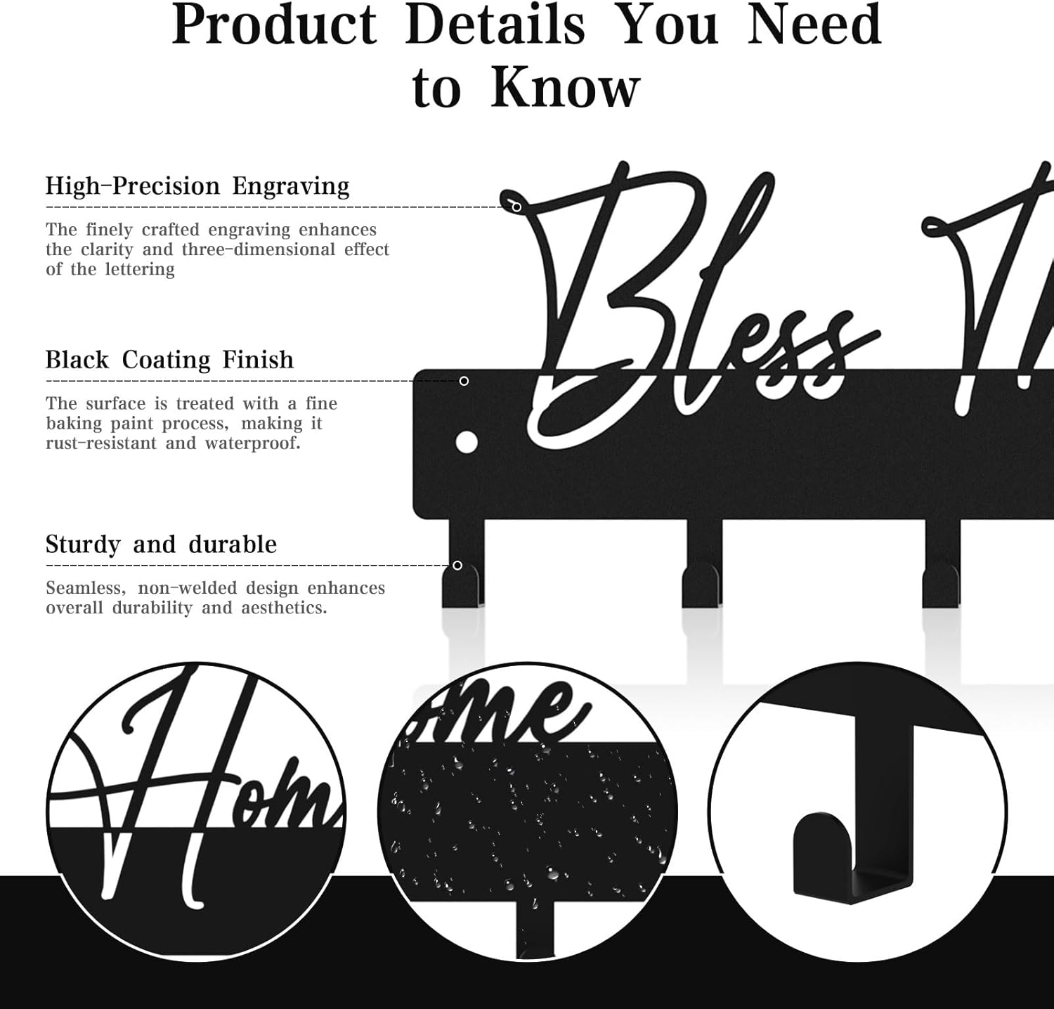 Exquisite Fashion Phrase Key Holder Wall Mount,Bless My Home Key Hooks for Wall Decoration,Black Metal Key Hanger with 7 Hooks for Entryway,Office,Living Room Decor