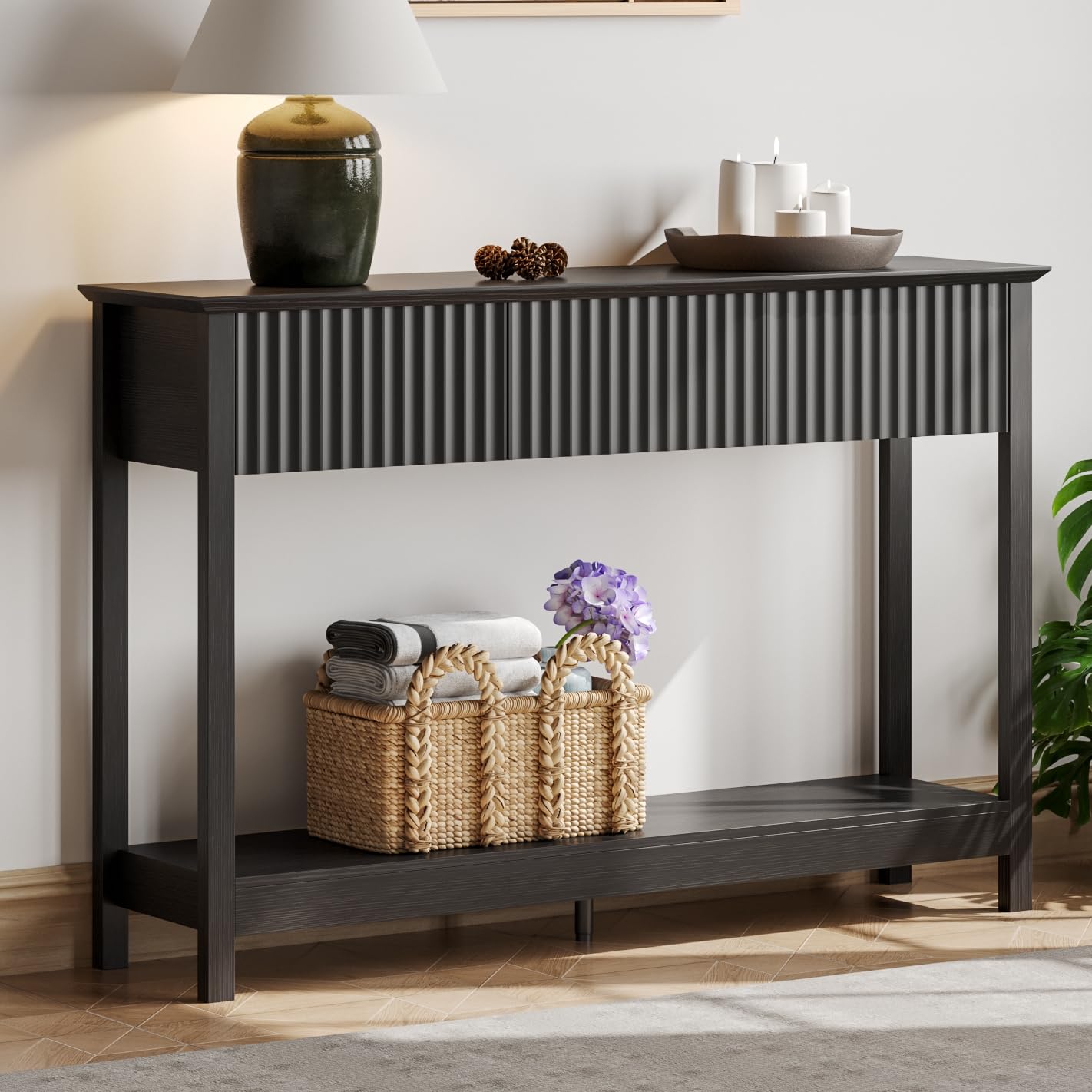 Treocho 47" Console Table with Drawers, Fluted Narrow Entryway Table with Open Shelf, Farmhouse Sofa Table Behind Couch for Hallway, Living Room, Brown