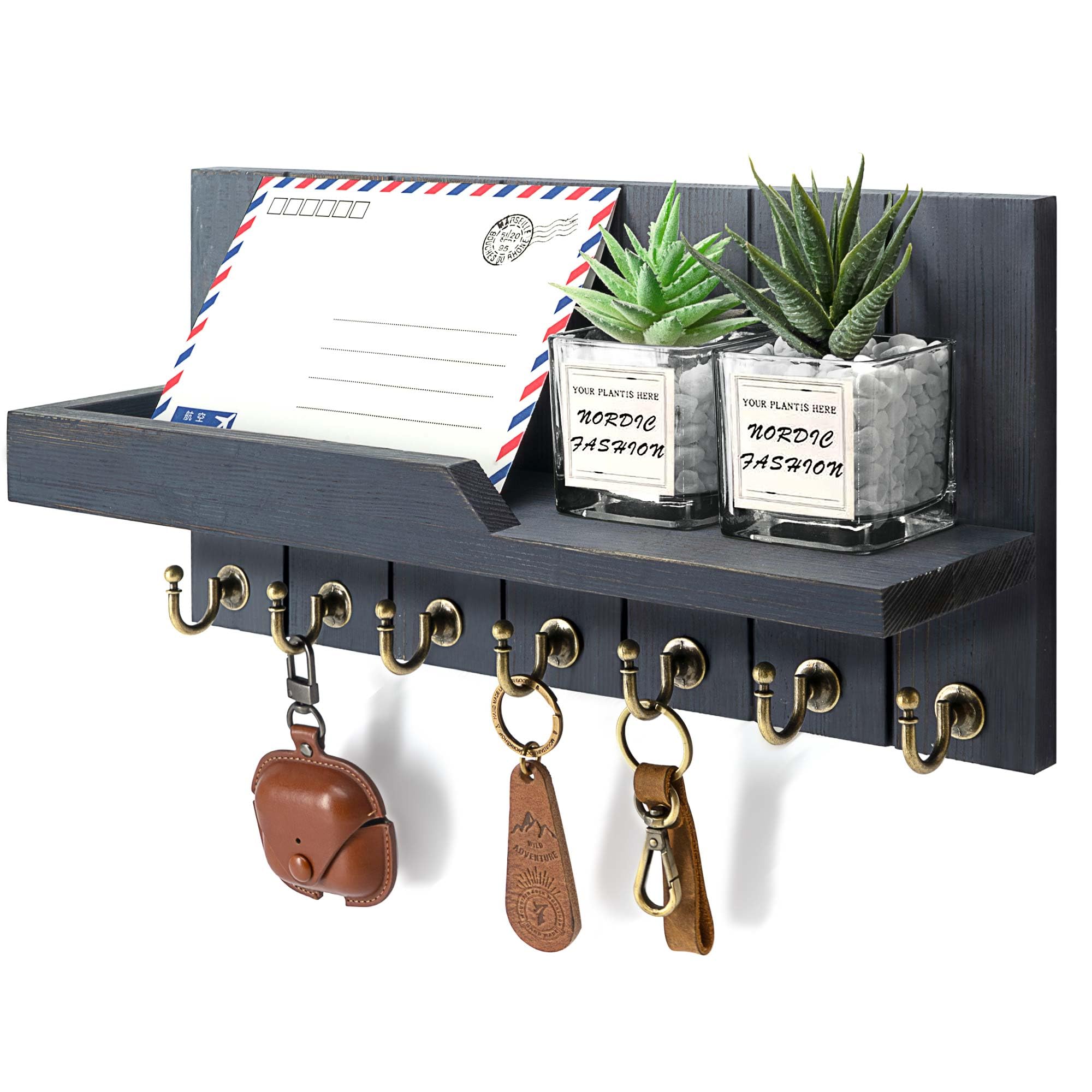 Rebee Vision Decorative Key Holder Wall Mount - Rustic Key Holder for Wall with Shelf and Mail Organizer for Living Room Decor - Home Essentials for Home Improvement (Brown, 3.54" x 10" x 7.28")