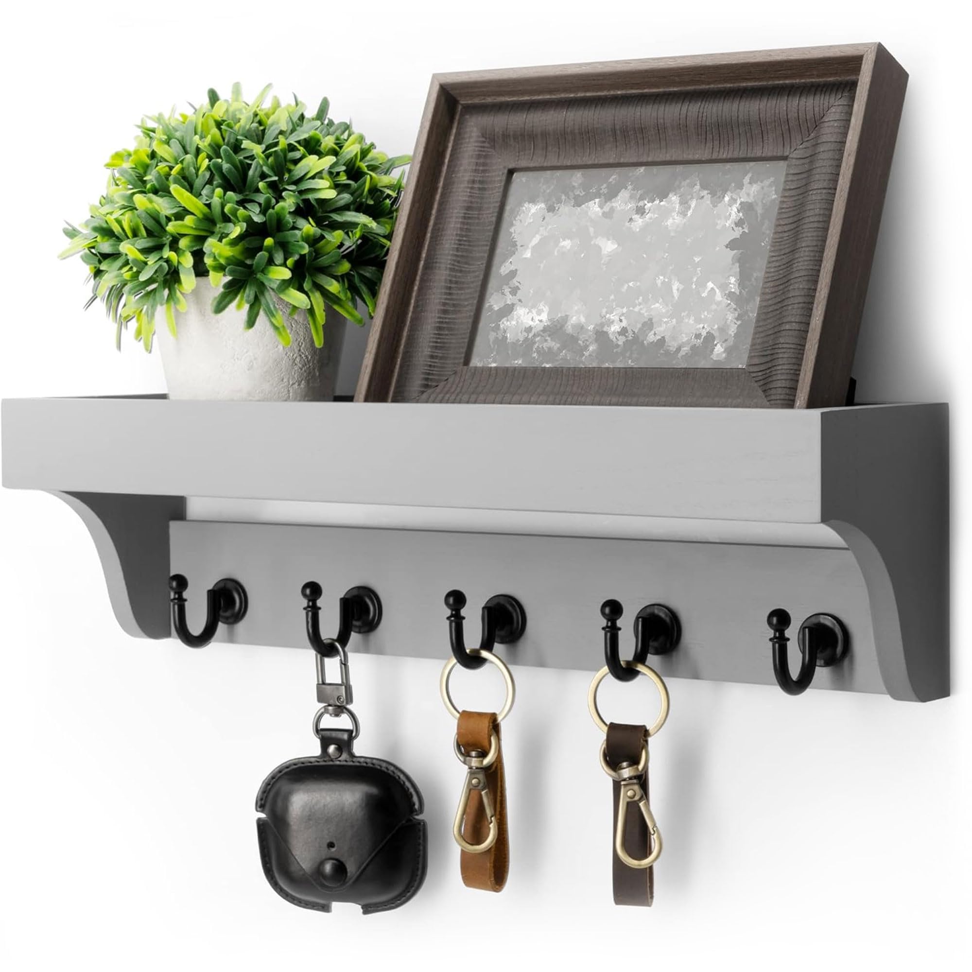Rebee Vision Farmhouse Key Holder for Wall - Decorative Wooden Mail Organizer with 5 Rustic Key Hooks and Floating Shelf for Home Decor, Hallway, Entryway, Appartment (Retro Brown)