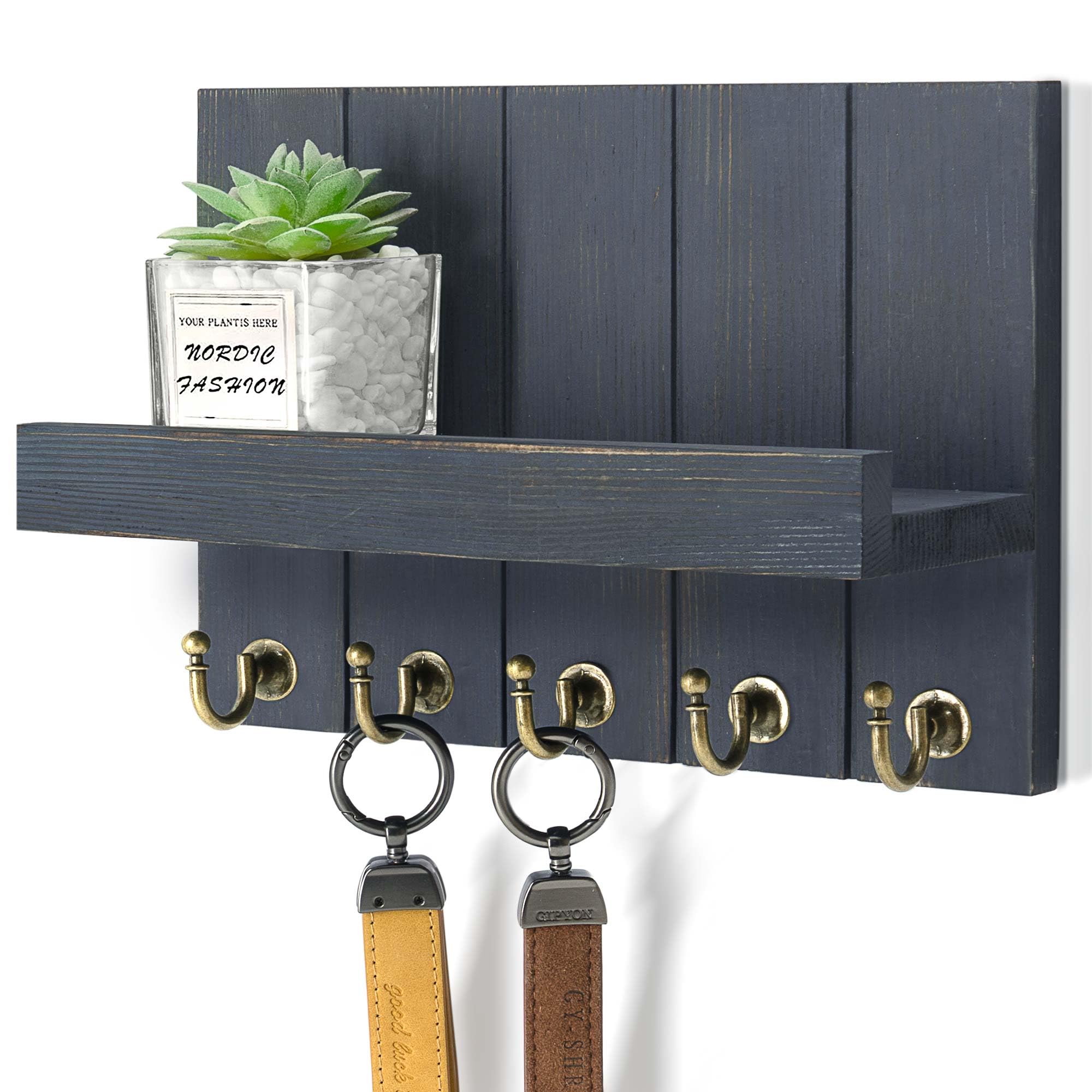 Rebee Vision Decorative Key Holder Wall Mount - Rustic Key Holder for Wall with Shelf and Mail Organizer for Living Room Decor - Home Essentials for Home Improvement (Brown, 3.54" x 10" x 7.28")