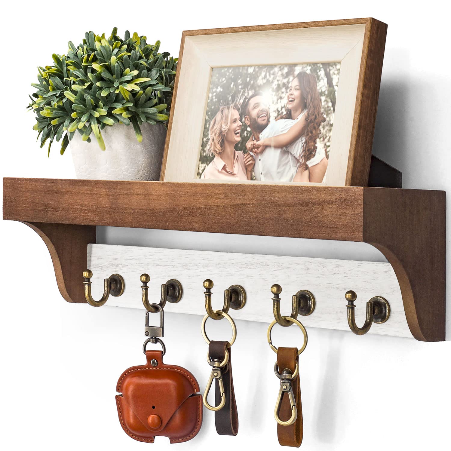 Rebee Vision Farmhouse Key Holder for Wall - Decorative Wooden Mail Organizer with 5 Rustic Key Hooks and Floating Shelf for Home Decor, Hallway, Entryway, Appartment (Retro Brown)