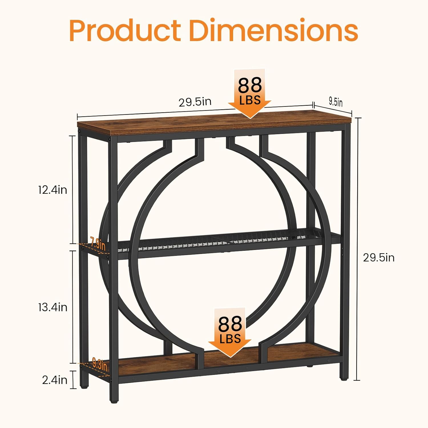 Snughome Entryway Table with 3 Tier Storage Shelves, Narrow Console Table Industrial Sofa Table with Circle Base, Behind The Couch Entrance Table for Hallway, Living Room, Foyer