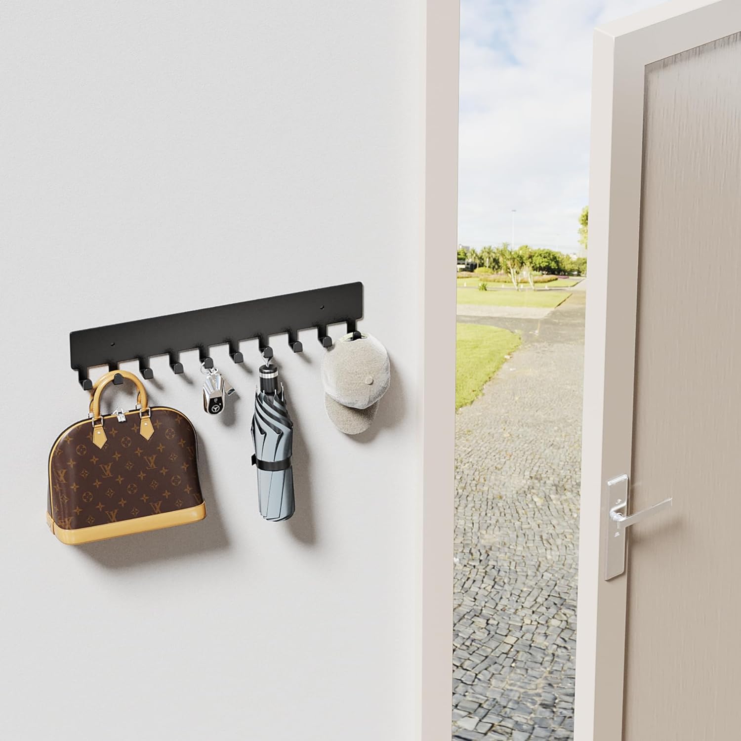 GTK Key Holder for Wall, Key Hooks with 10 Hooks, Wall Mounted Key Holder for Hallway, Self Adhesive Key Rack(Black)