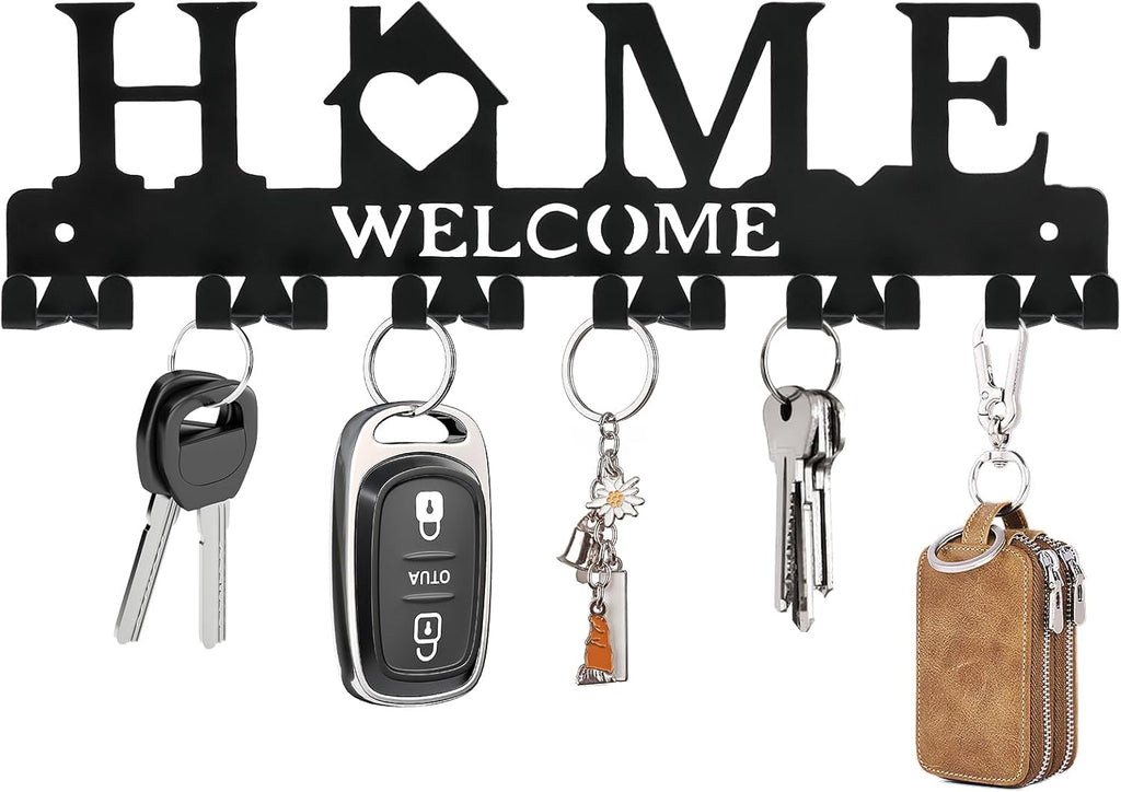 Key Holder Wall Mount, Adhesive Metal Key Hanger with 6 Double Hooks, 2 Installation Methods, Black