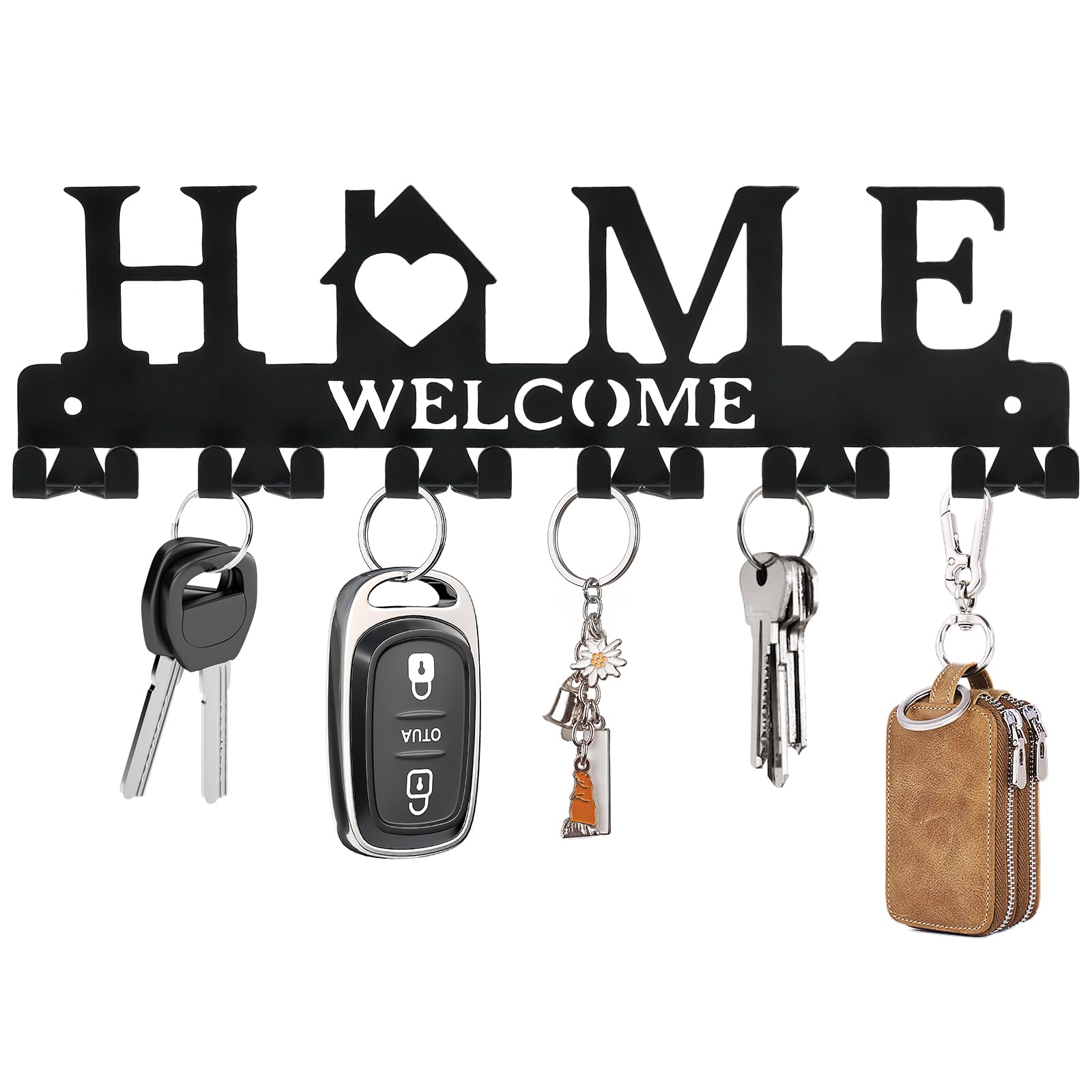 Key Holder Wall Mount, Adhesive Metal Key Hanger with 6 Double Hooks, 2 Installation Methods, Black