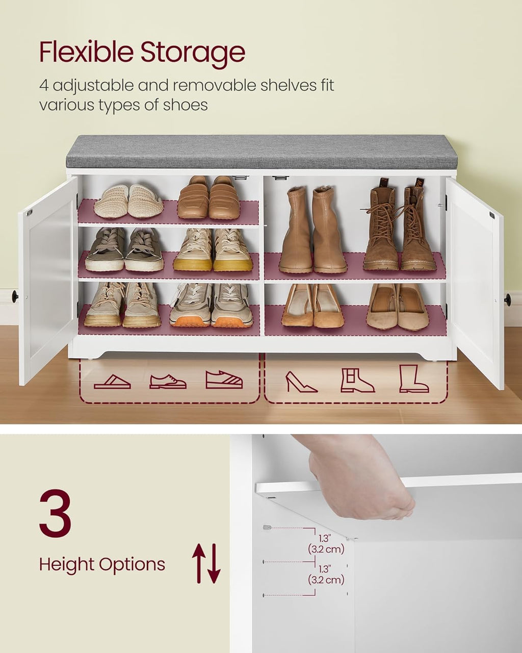 VASAGLE Shoe Storage Bench with Cushion, 3-Tier Entryway Bench with Padded Seat, Doors, Adjustable Shelves, 14 x 39.8 x 20.7 Inches, for Hallway, Bedroom, Cloud White and Dove Gray ULSB044W01