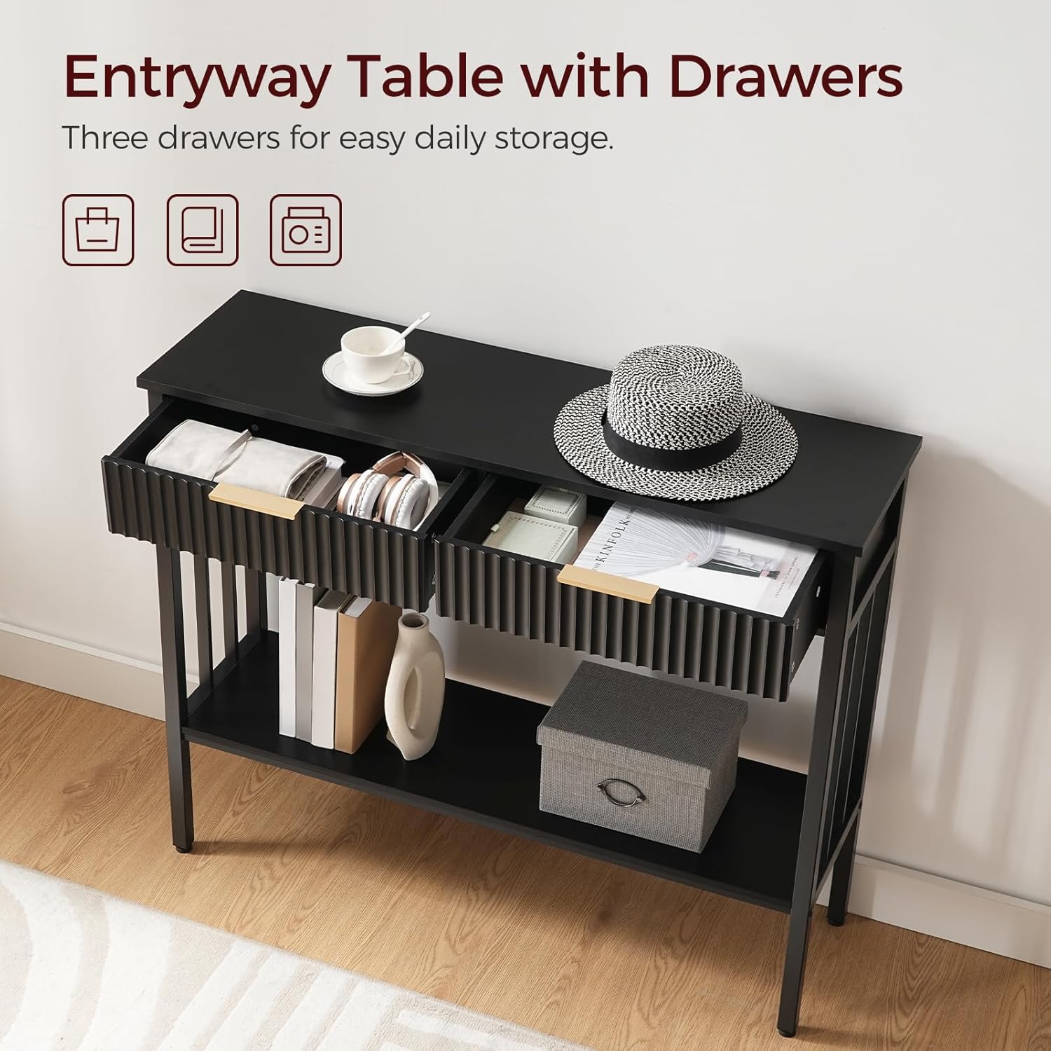 MAHANCRIS Console Table, Narrow Long Entry Table with Storage Shelf, 2-Tier Fluted Entryway Table with 2 Drawers, for Entryway, Living Room, Foyer, Hallway, Office, Black CTHB5101