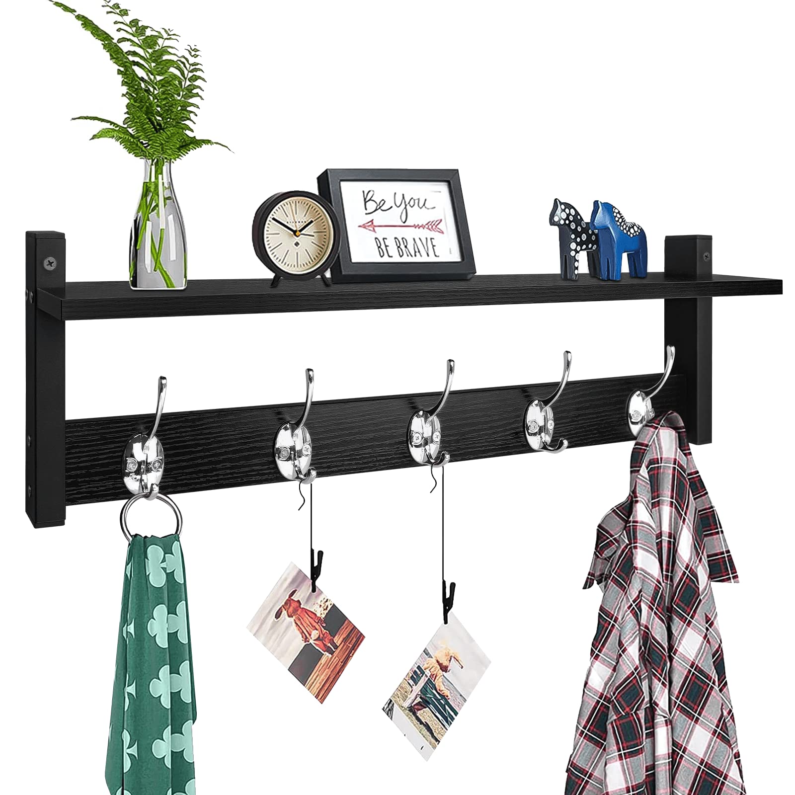 Homode Wall Hooks with Shelf, Wood Coat Rack with Shelf Wall-Mounted, Entryway Hanging Shelves with 5 Metal Hooks for Clothes Hats Towel Purse Robes, Bathroom Mudroom Bedroom, Rustic Brown Black