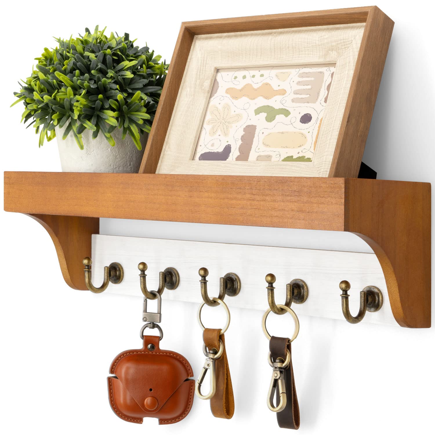 Rebee Vision Farmhouse Key Holder for Wall - Decorative Wooden Mail Organizer with 5 Rustic Key Hooks and Floating Shelf for Home Decor, Hallway, Entryway, Appartment (Retro Brown)