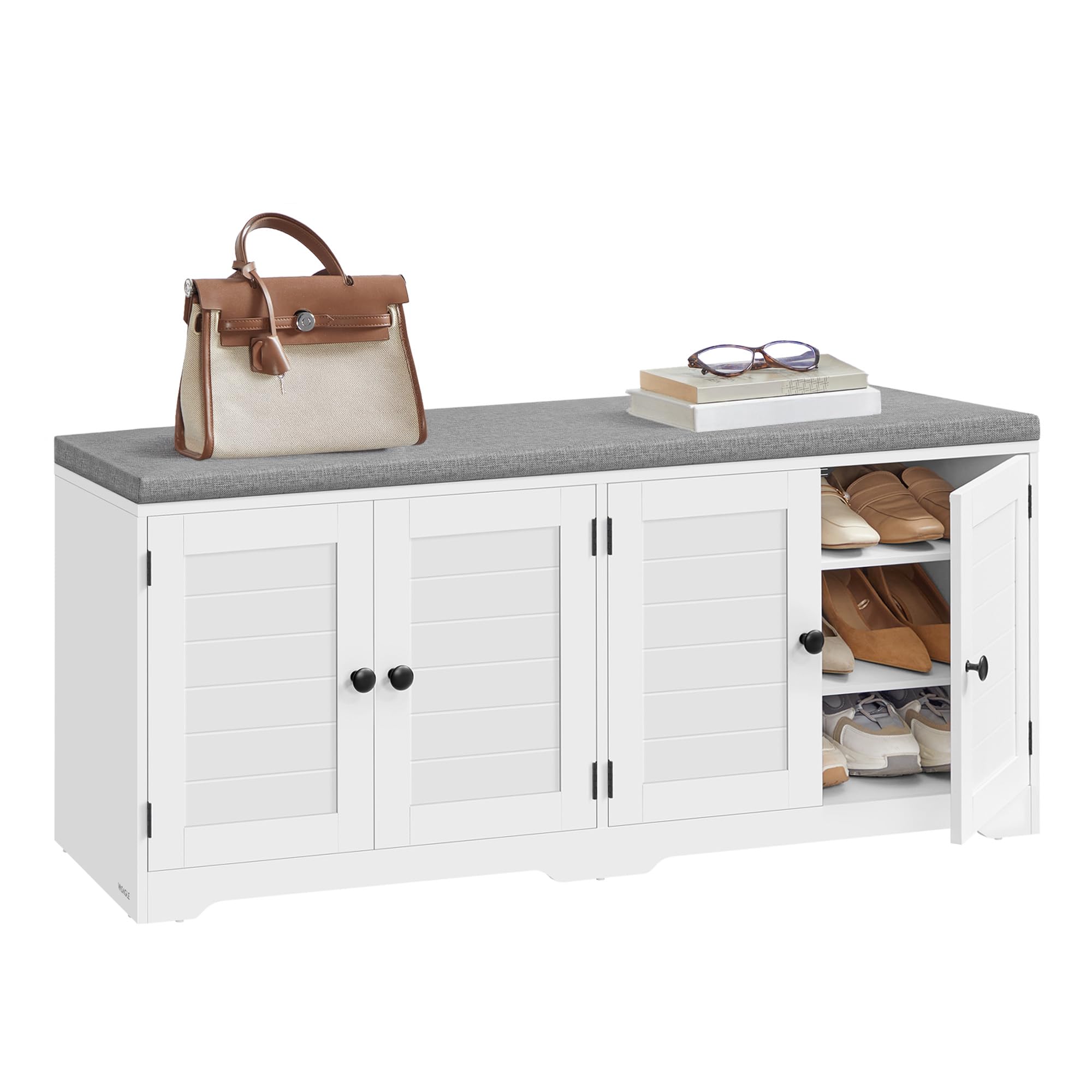 VASAGLE Shoe Storage Bench with Cushion, 3-Tier Entryway Bench with Padded Seat, Doors, Adjustable Shelves, 14 x 39.8 x 20.7 Inches, for Hallway, Bedroom, Cloud White and Dove Gray ULSB044W01