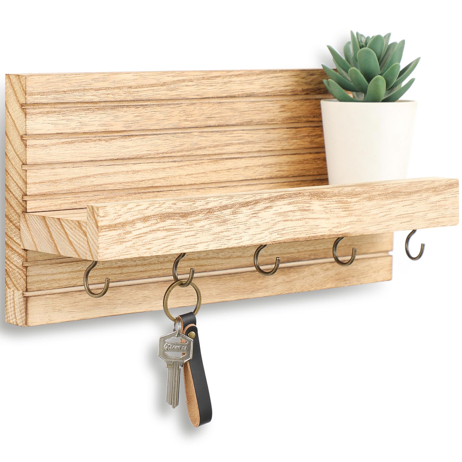 Lwenki Decorative Key Holder for Wall with Shelf, Entryway Shelf with Hooks Holds Leashes, Jackets and Glasses – Sturdy Wood Keyholder Entrance Hanger with Mounting Hardware (Black, Medium)