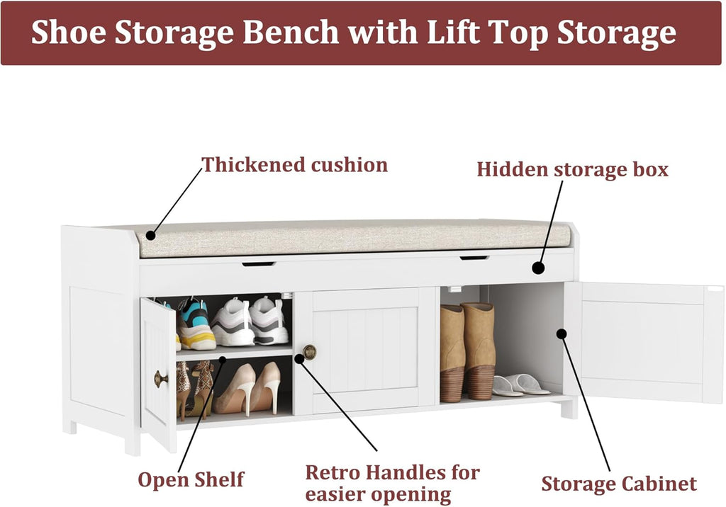 HOMEFORT 41.3" Shoe Bench with Lift Top Storage, Entryway Bench with Cushioned Seat, Wooden End of Bed Bench, Shoe Cabinet Bench with Hidden Storage Space, for Bedroom, Hallway,White