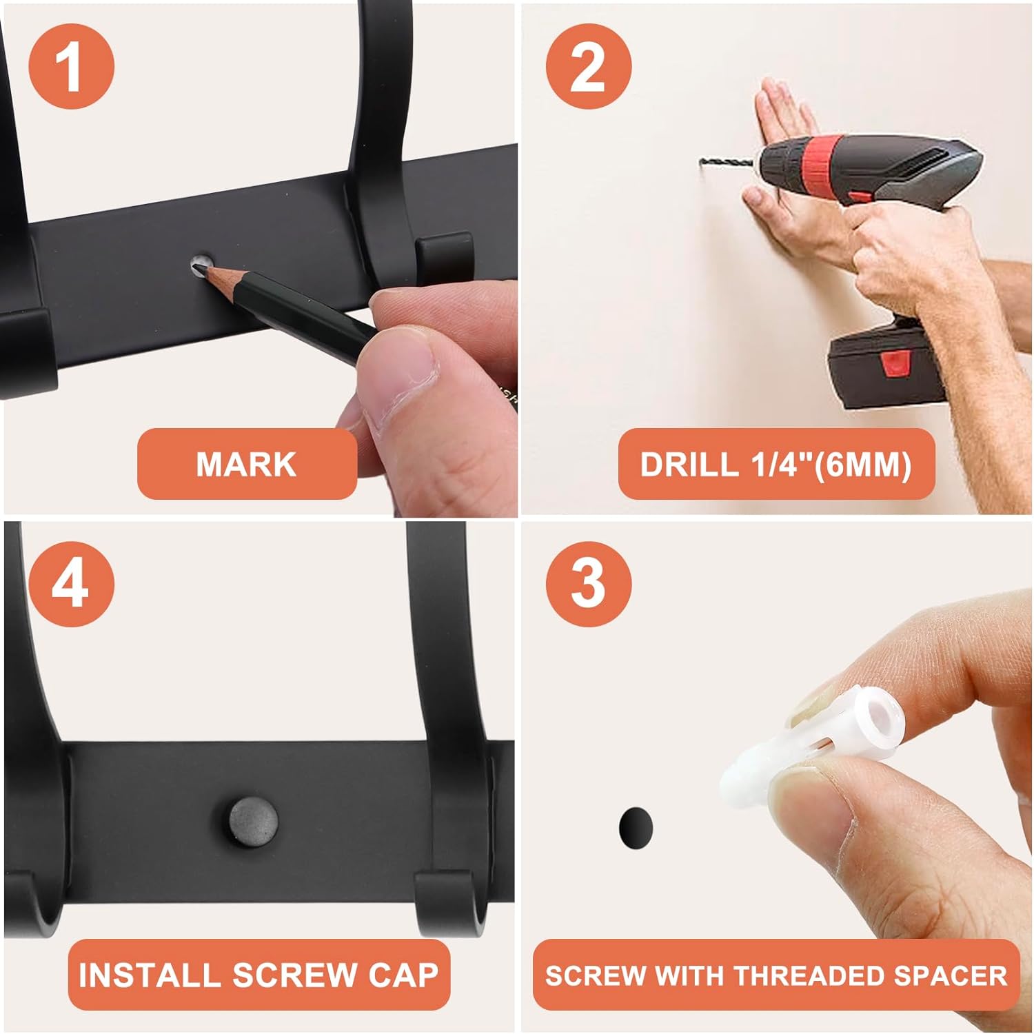 Coat Rack Wall Mounted,6 Coat Hooks for Hanging Coats,Metal Double Hook Rack Hook Rail,Coat Rack with Hooks,Wall Mount Coat Hanger for Hat Towel Purse Robes (2 Pack Black, 6 Hooks)