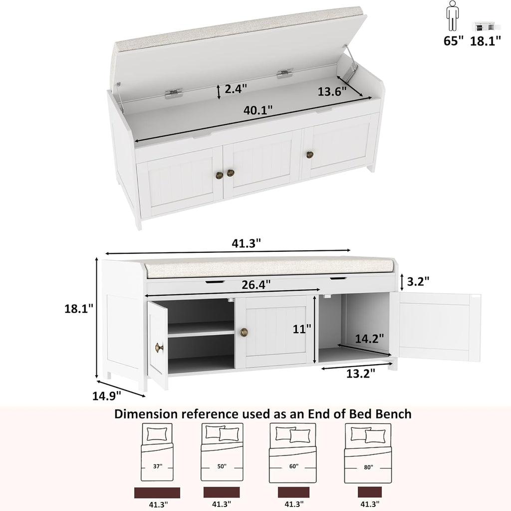 HOMEFORT 41.3" Shoe Bench with Lift Top Storage, Entryway Bench with Cushioned Seat, Wooden End of Bed Bench, Shoe Cabinet Bench with Hidden Storage Space, for Bedroom, Hallway,White