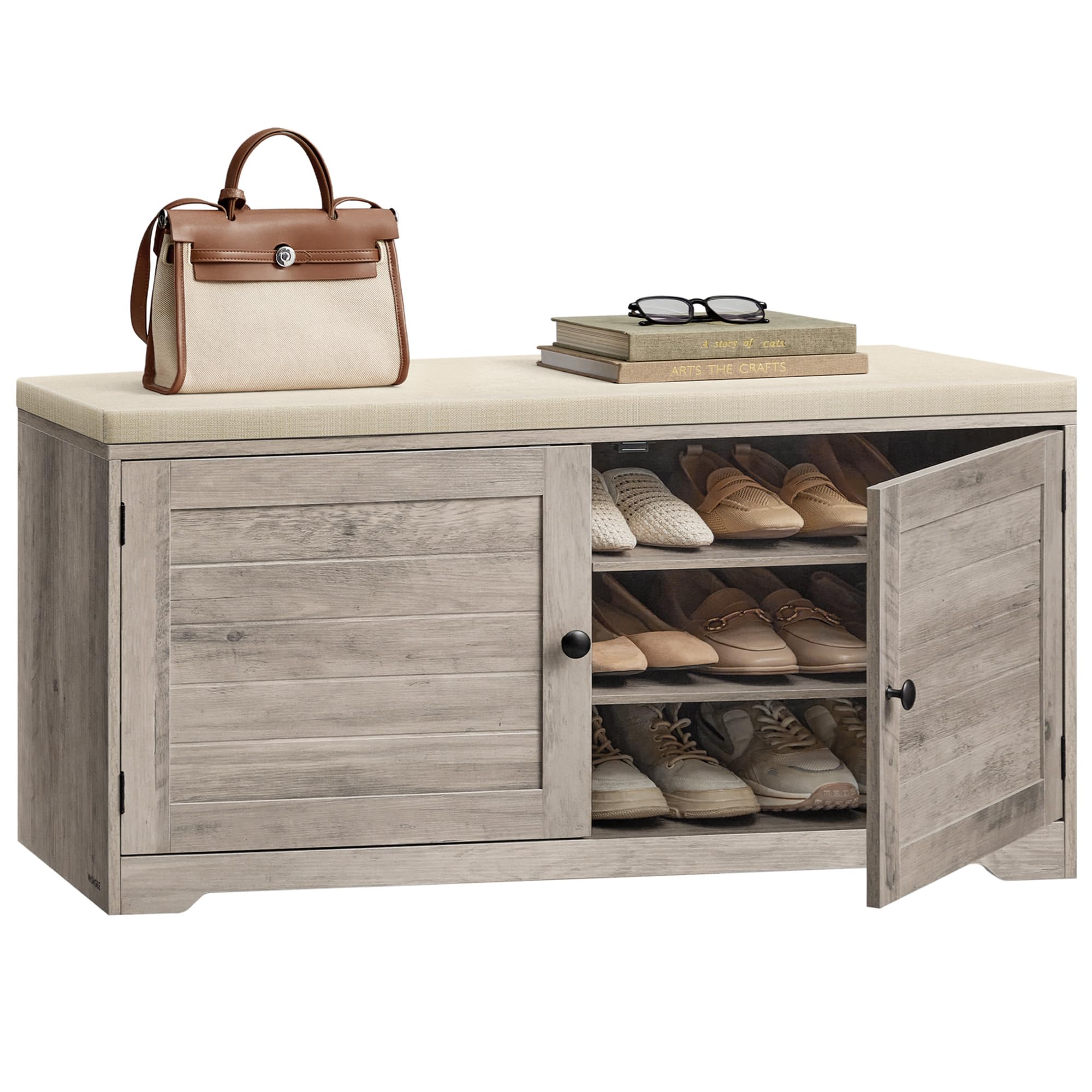 VASAGLE Shoe Storage Bench with Cushion, 3-Tier Entryway Bench with Padded Seat, Doors, Adjustable Shelves, 14 x 39.8 x 20.7 Inches, for Hallway, Bedroom, Cloud White and Dove Gray ULSB044W01