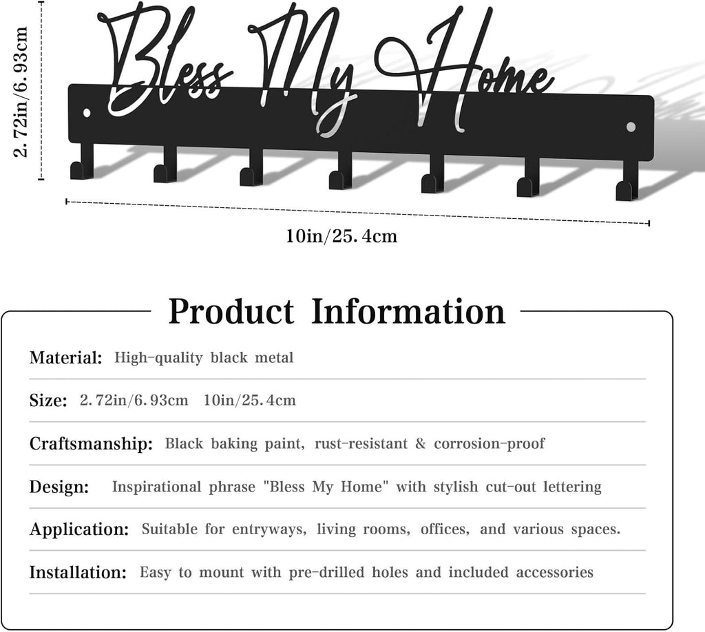 Exquisite Fashion Phrase Key Holder Wall Mount,Bless My Home Key Hooks for Wall Decoration,Black Metal Key Hanger with 7 Hooks for Entryway,Office,Living Room Decor