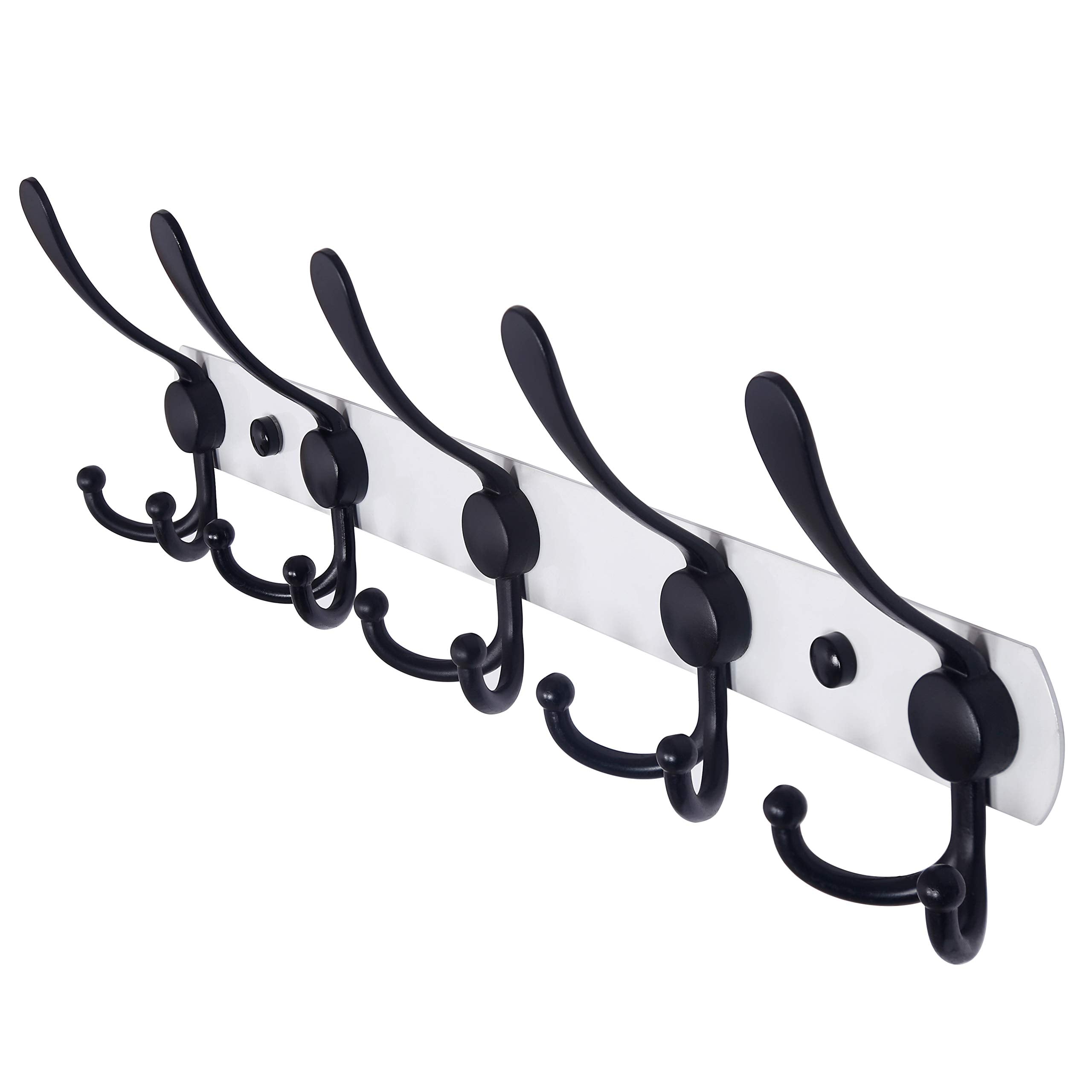 Dseap Coat Rack Wall Mounted - 5 Tri Hooks, Heavy Duty, Stainless Steel, Metal Coat Hook Rail for Coat Hat Towel Purse Robes Mudroom Bathroom Entryway (Black, 2 Packs)