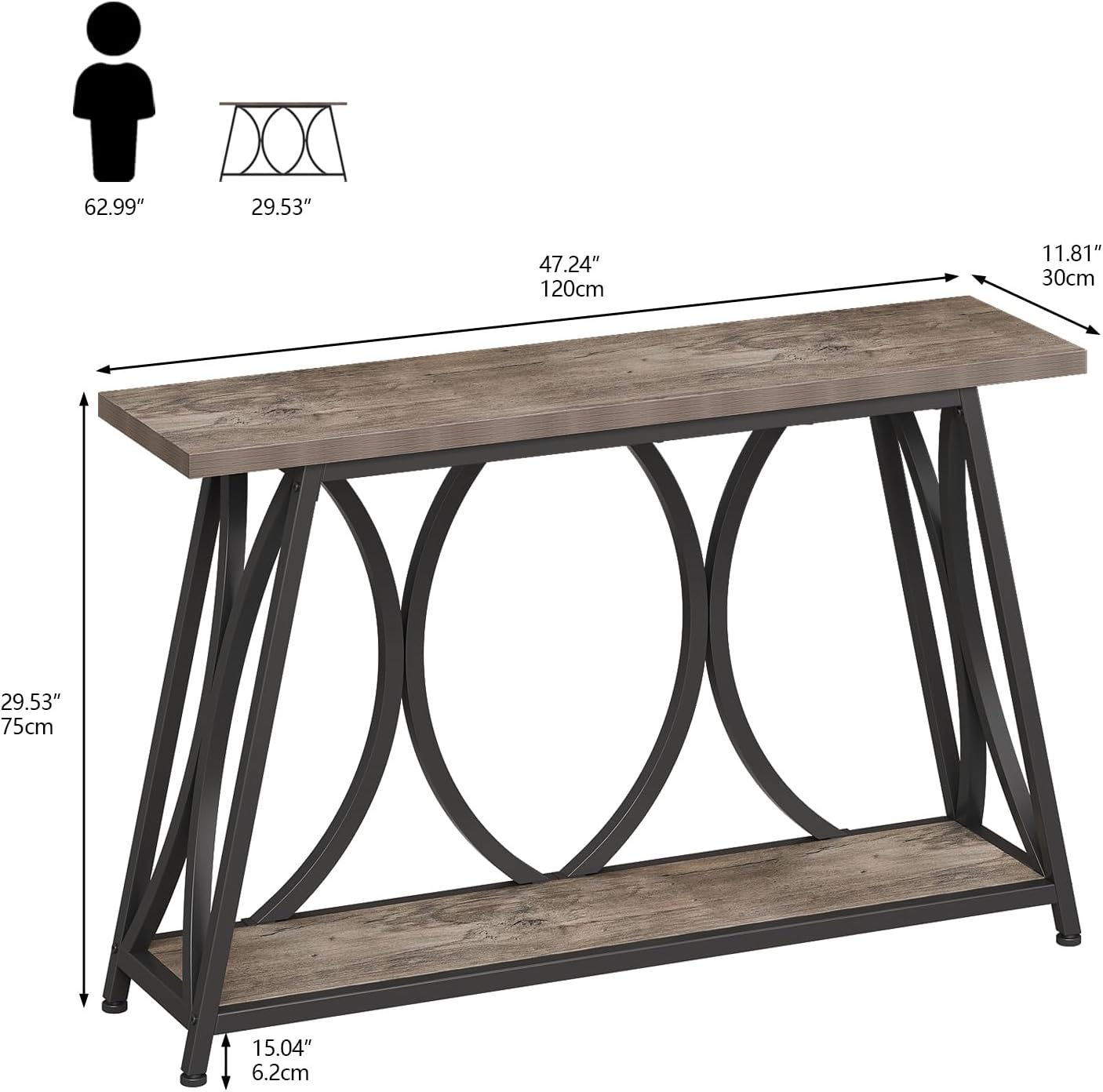 GiftGo 47.24 Inch Entryway Console Table, Industrial Sofa Table Behind Couch with Shelves, 2 Tier Wood Accent Table with Metal Frame for Living Room, Entrance, Hallway, Foyer, Vintage Gray