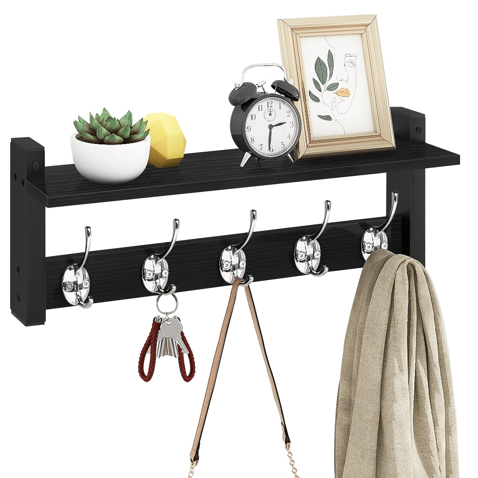 Homode Wall Hooks with Shelf, Wood Coat Rack with Shelf Wall-Mounted, Entryway Hanging Shelves with 5 Metal Hooks for Clothes Hats Towel Purse Robes, Bathroom Mudroom Bedroom, Rustic Brown Black