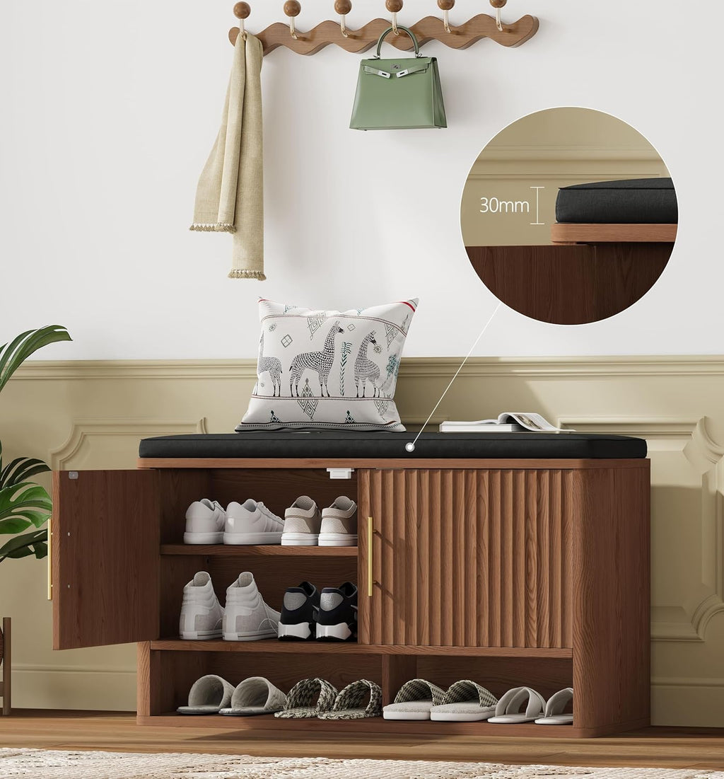 Fluted Shoe Storage Bench with Cushion, Entryway Bench with Adjustable Shelves and Open Bottom Shelf, 3-Tier Hidden Shoe Cabinet Storage for Entryway, Hallway, Living Room, Bedroom, Walnut