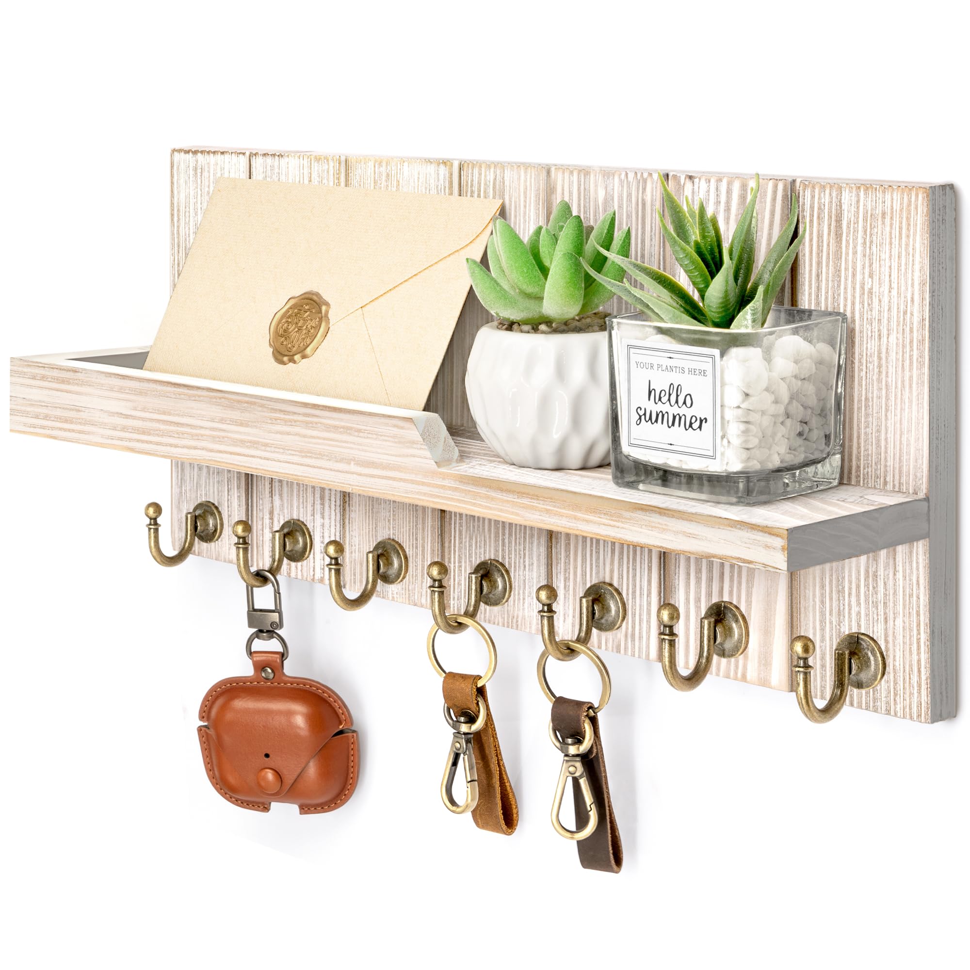 Rebee Vision Decorative Key Holder Wall Mount - Rustic Key Holder for Wall with Shelf and Mail Organizer for Living Room Decor - Home Essentials for Home Improvement (Brown, 3.54" x 10" x 7.28")