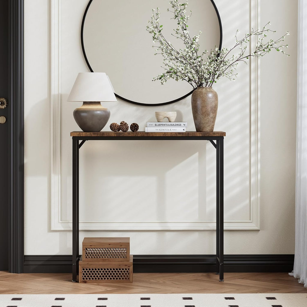 Narrow Console Table for Entryway with One-Piece Desktop (No Splicing), Slim Sofa Table Behind Couch, Thin Hallway Table for Small Spaces, Living Room Bedroom Office, Brown