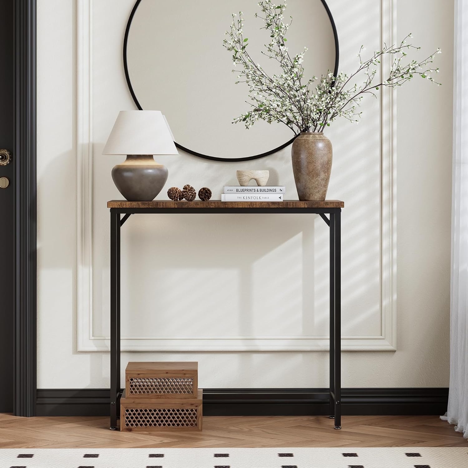 Narrow Console Table for Entryway with One-Piece Desktop (No Splicing), Slim Sofa Table Behind Couch, Thin Hallway Table for Small Spaces, Living Room Bedroom Office, Brown