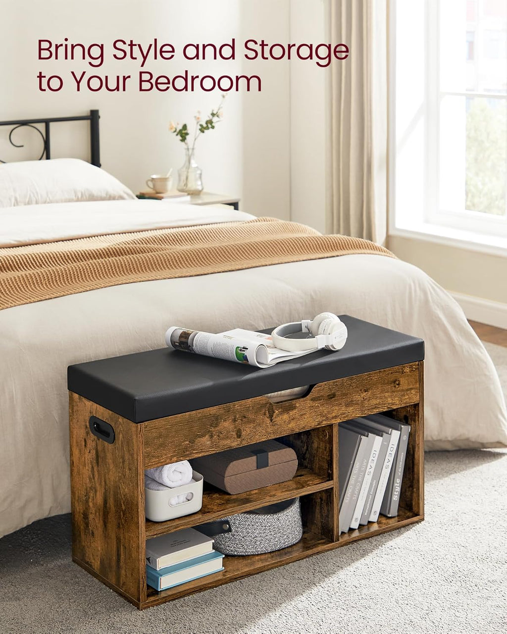 VASAGLE CUSTOS Collection - Storage Bench with Cushion, Shoe Bench, Padded Seat, Hidden Storage, Entryway, Hold up to 300 lb, 11.8 x 31.5 x 17.3 Inches, Rustic Brown and Ink Black ULHS30BX