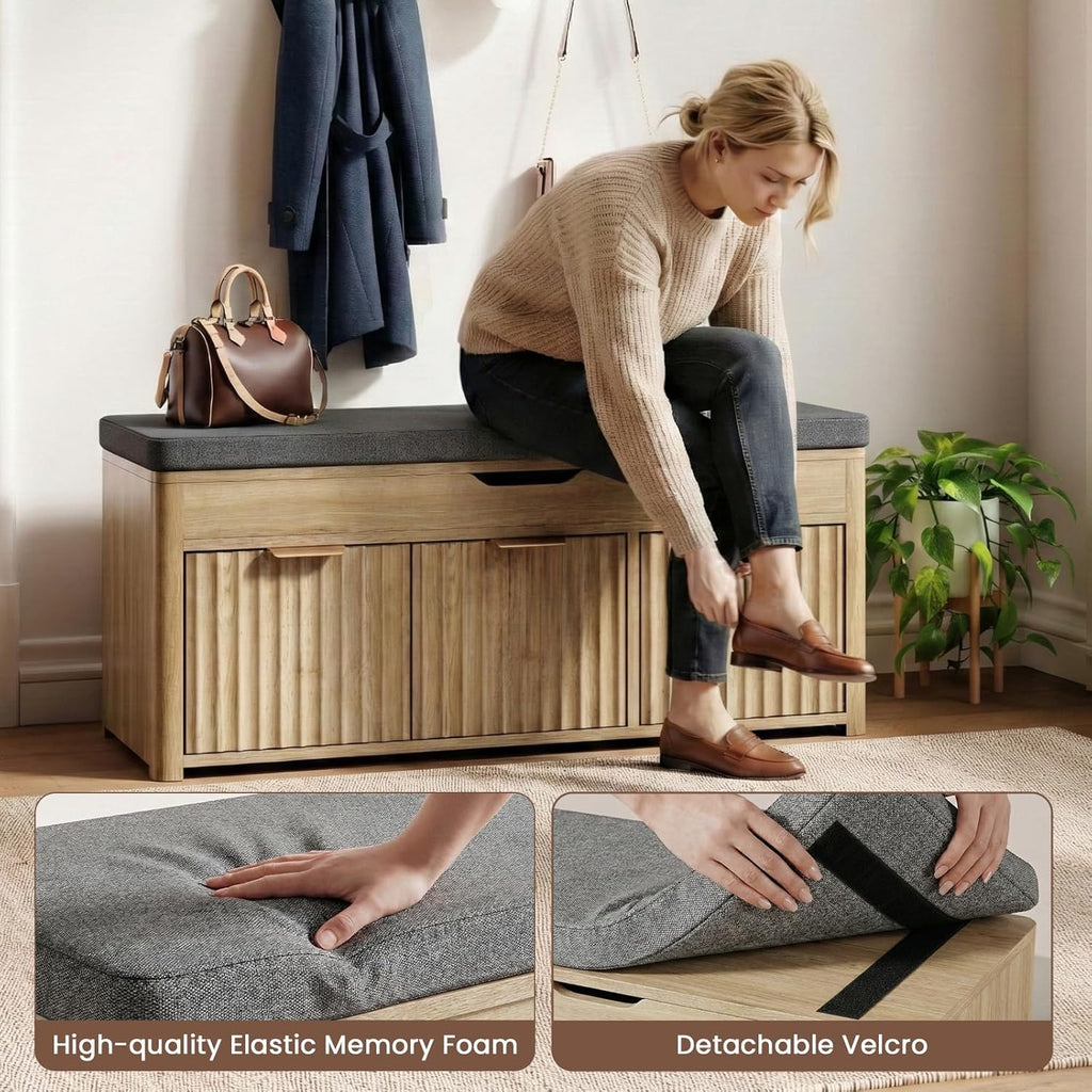 Shoe Bench with Storage - Lift Top Entryway Bench with Hidden Storage, Shoe Rack with Adjustable Shelves and Cushioned Seat, Wooden End of Bed Bench for Bedroom, Living Room and Hallway,Nature