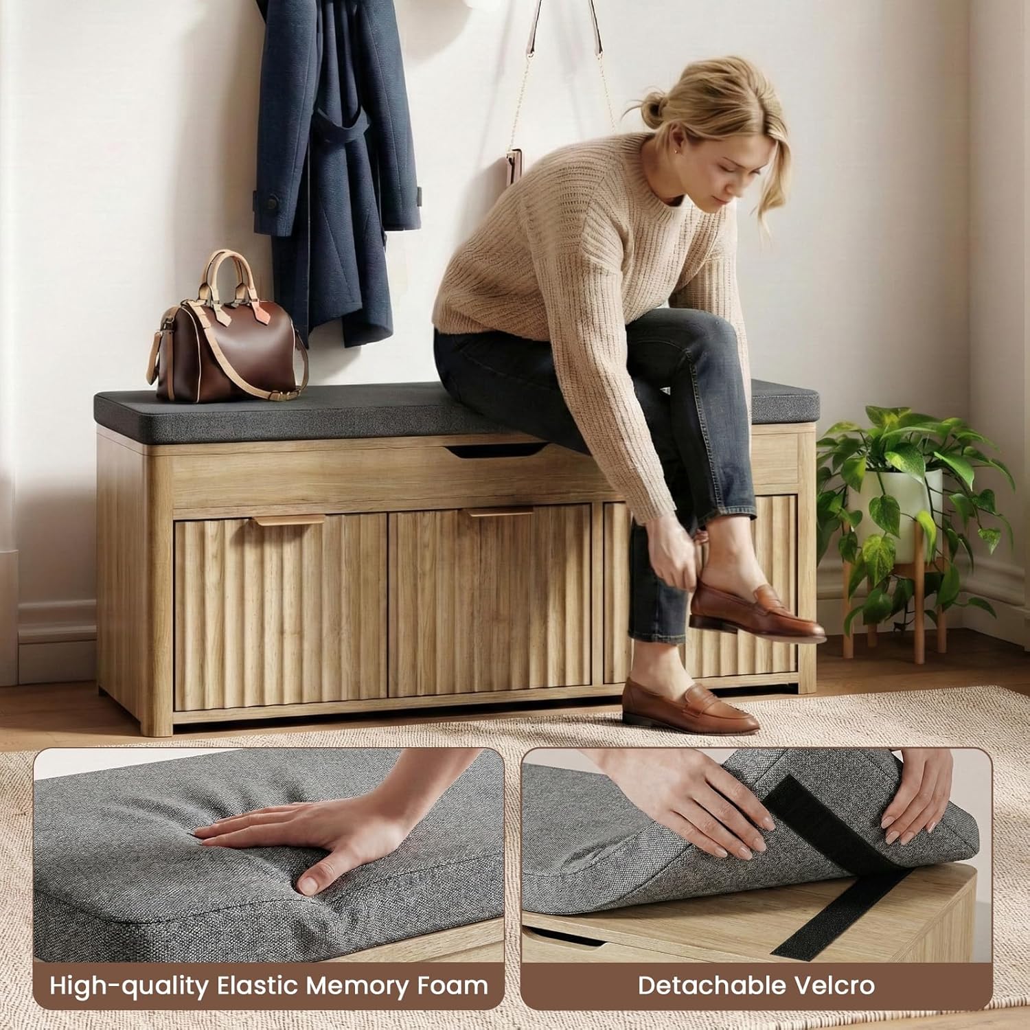 Shoe Bench with Storage - Lift Top Entryway Bench with Hidden Storage, Shoe Rack with Adjustable Shelves and Cushioned Seat, Wooden End of Bed Bench for Bedroom, Living Room and Hallway,Nature