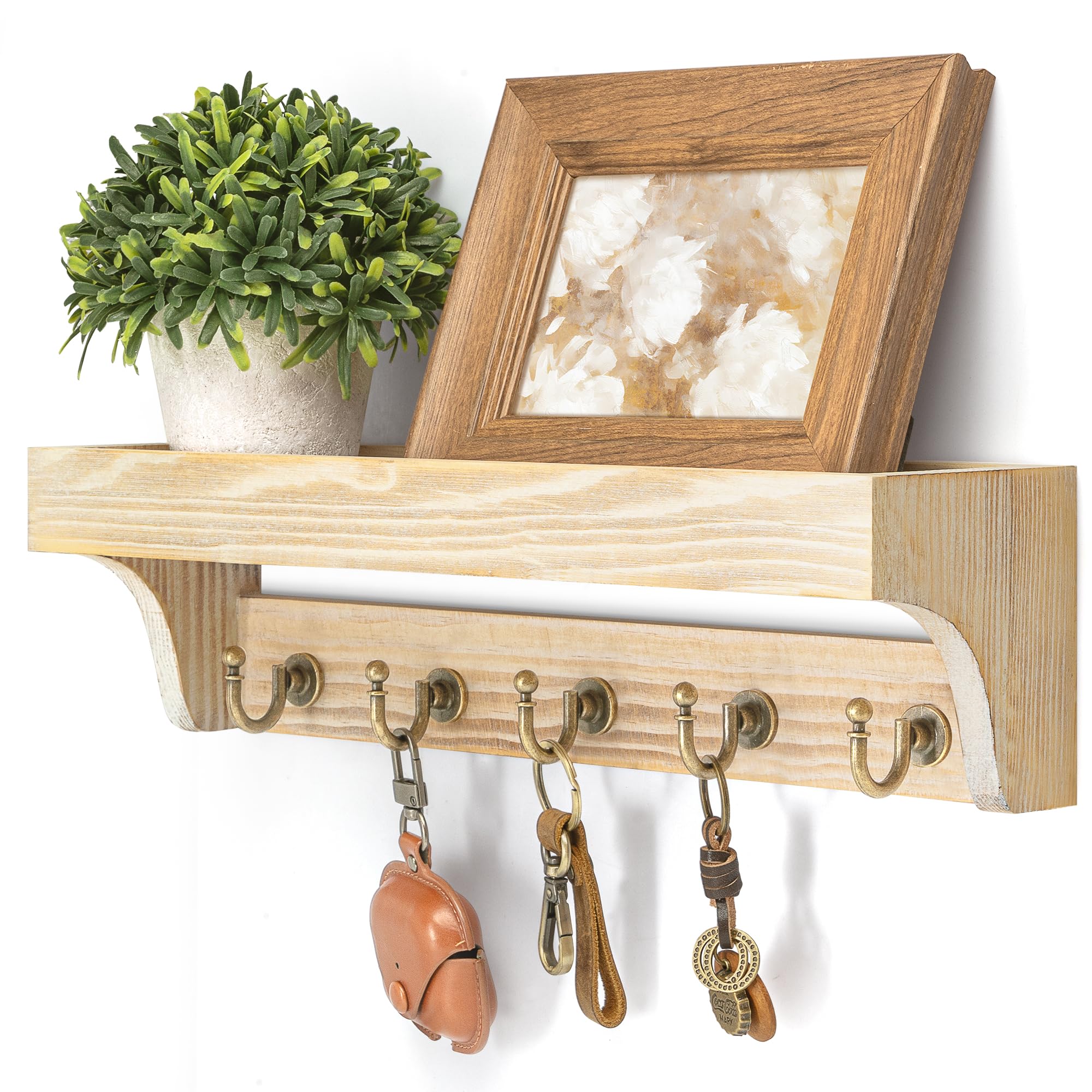 Rebee Vision Farmhouse Key Holder for Wall - Decorative Wooden Mail Organizer with 5 Rustic Key Hooks and Floating Shelf for Home Decor, Hallway, Entryway, Appartment (Retro Brown)