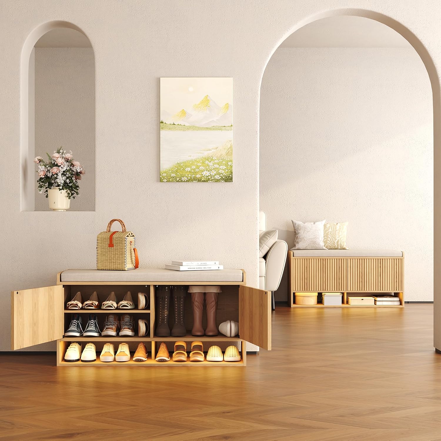 HOMEFORT 39.4" Fluted Shoe Storage Bench, Entryway Bench with Linen Seat Cushion, Shoe Cabinet Bench with Adjustable Shelf and Built-in LED Sensor Light, Bench for Bedroom End of Bed, Natural Oak